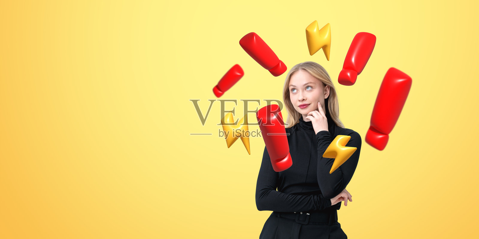 面带沉思表情的女性被红色感叹号包围照片摄影图片