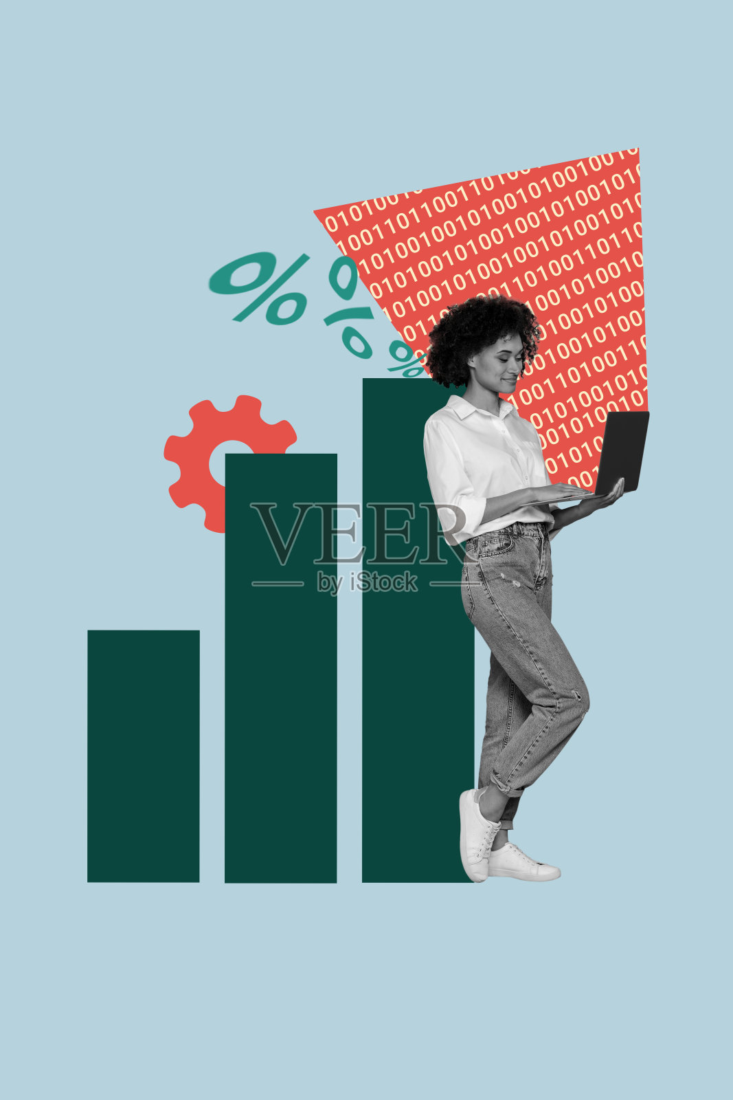 复合图像蒙太奇趋势艺术作品，3D拼贴图表商业图形成功目标，年轻女性站在黑客装备旁，百分比。照片摄影图片