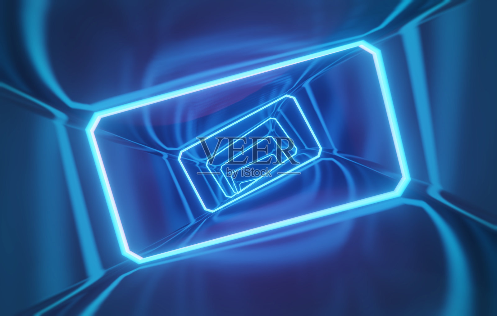 在蓝色霓虹隧道中高速行驶。抽象图形与发光线条和反射金属。3D渲染。照片摄影图片