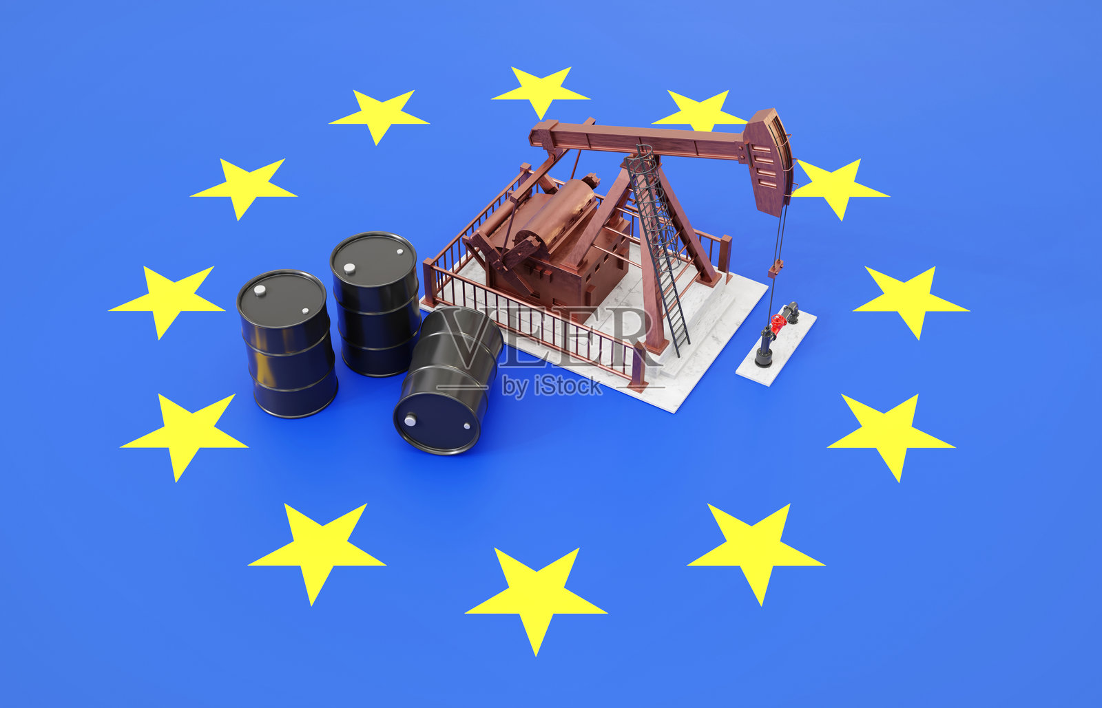 油泵和油桶置于欧盟国旗上照片摄影图片
