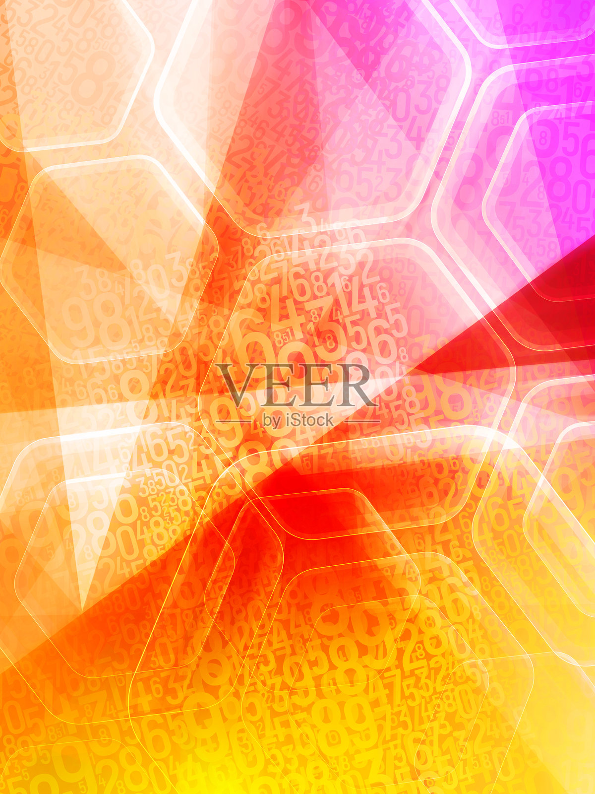 抽象模糊的大大小小数字重叠，白色六边形叠加在渐变的红色、橙色和粉色背景上，数学、三角形、装饰、时尚、商业、爱情、情人节，留白空间照片摄影图片