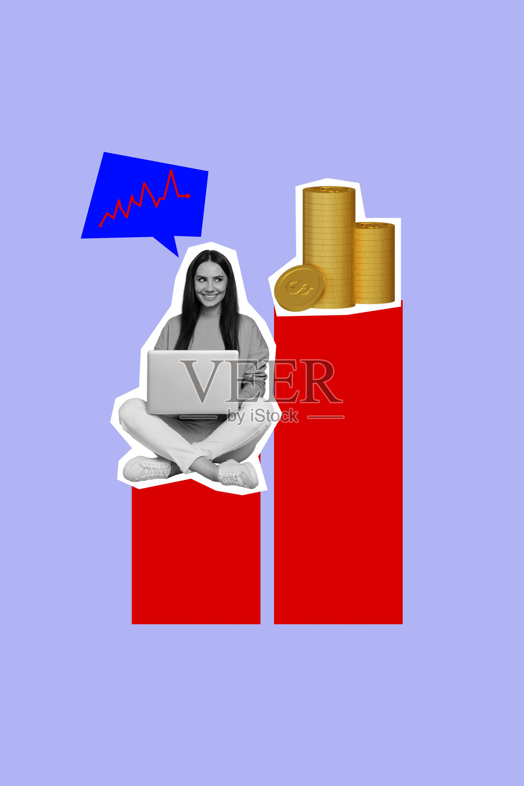 年轻女性坐在工作台前，使用笔记本电脑，周围是一堆硬币，展现出远程工作的成功与财富。照片摄影图片