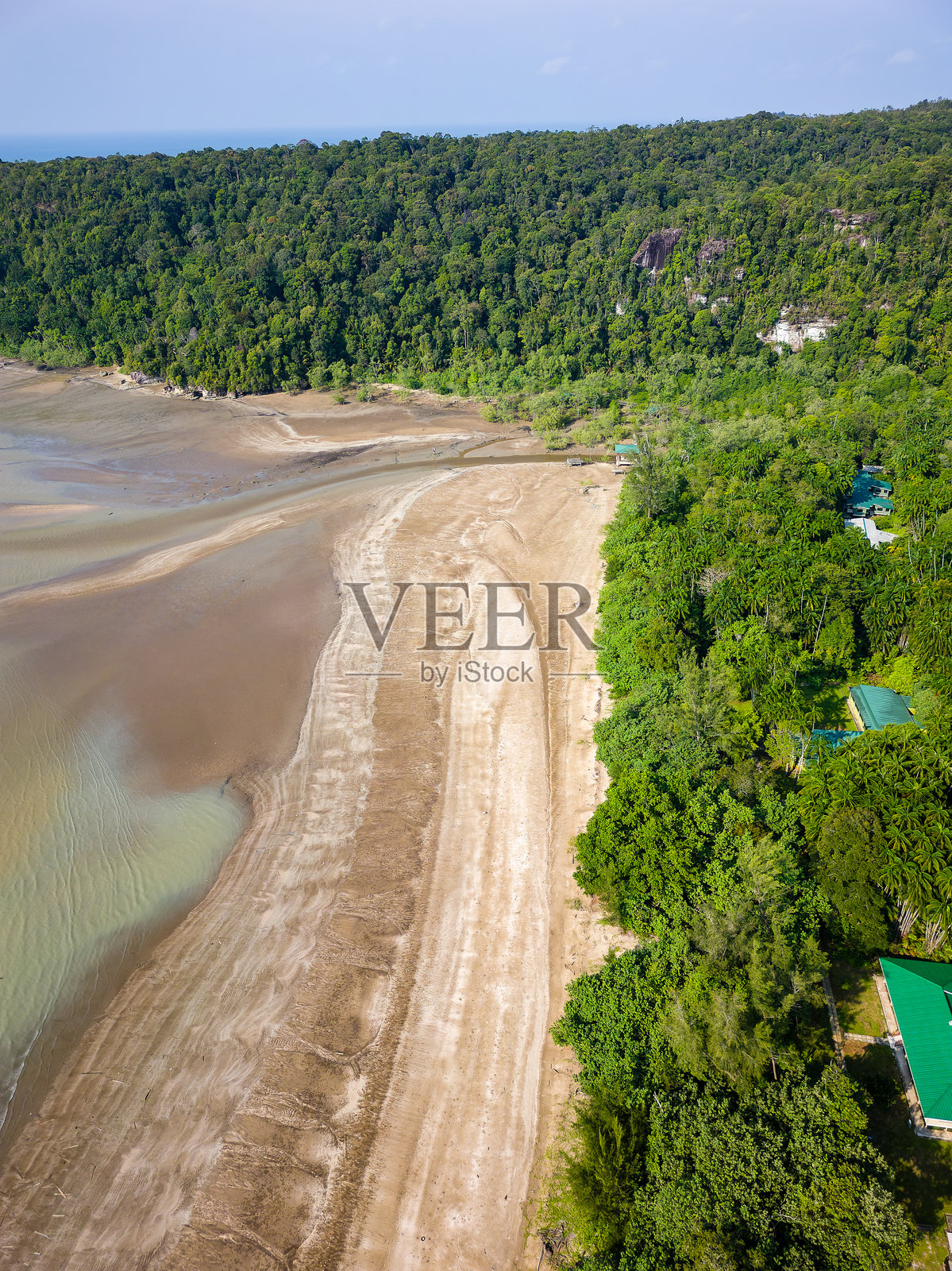 婆罗洲巴哥的宽阔沙滩和茂密热带丛林的鸟瞰图照片摄影图片