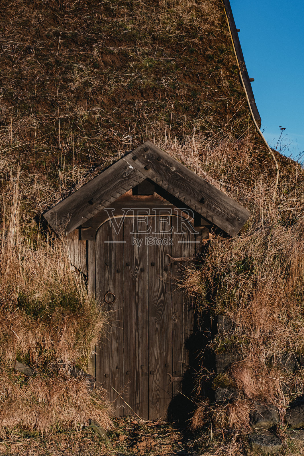 冰岛南部索尔拉克斯布德传统草屋上的雕刻木门特写。照片摄影图片