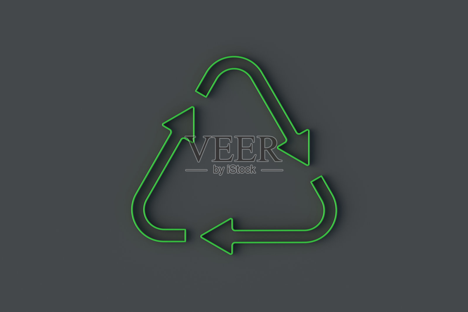 黑色背景上的绿色回收标志。废物再利用图标。环保。俯视图。3D渲染。照片摄影图片