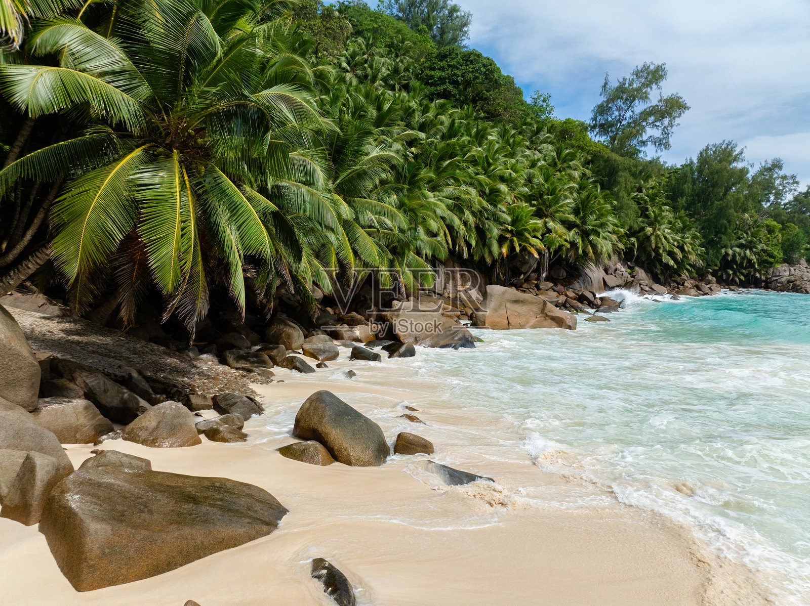 郁郁葱葱的热带海岸线，巨石和棕榈树。塞舌尔，马埃。照片摄影图片