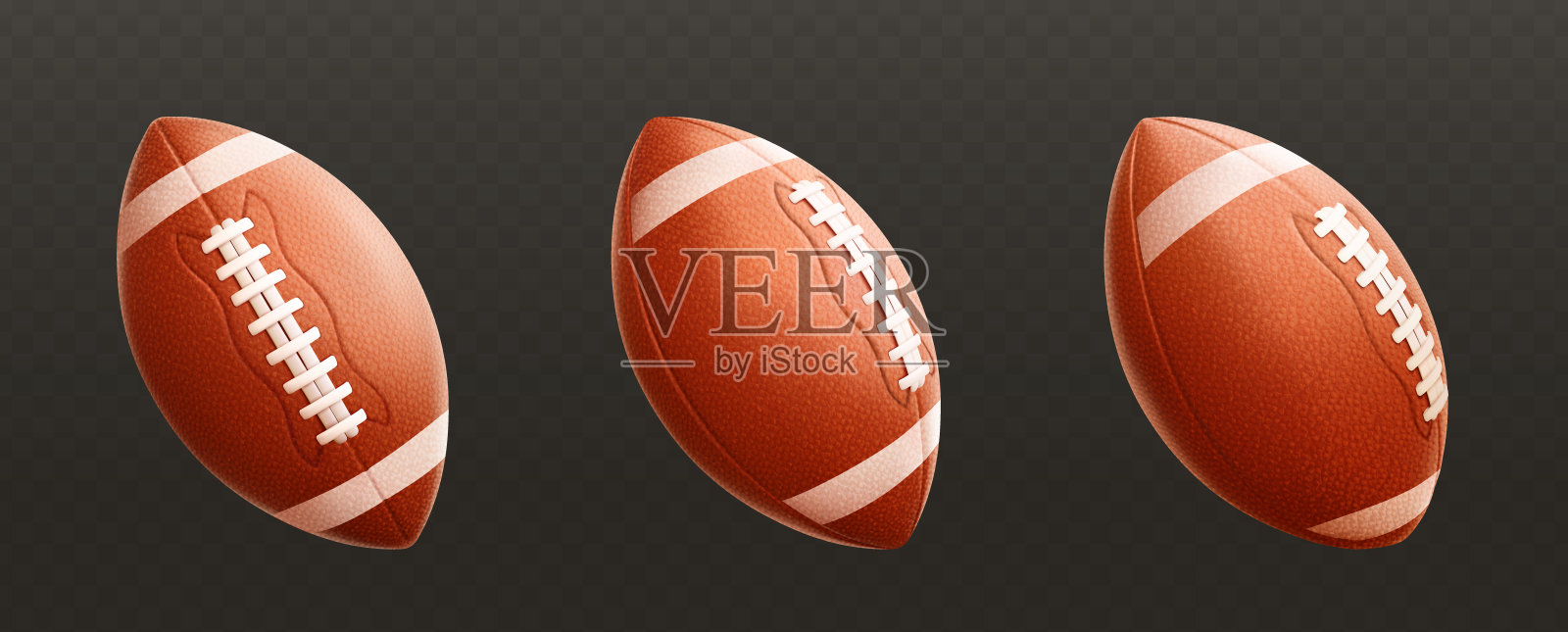 一组逼真的经典棕色皮革橄榄球。美式足球插画图片素材