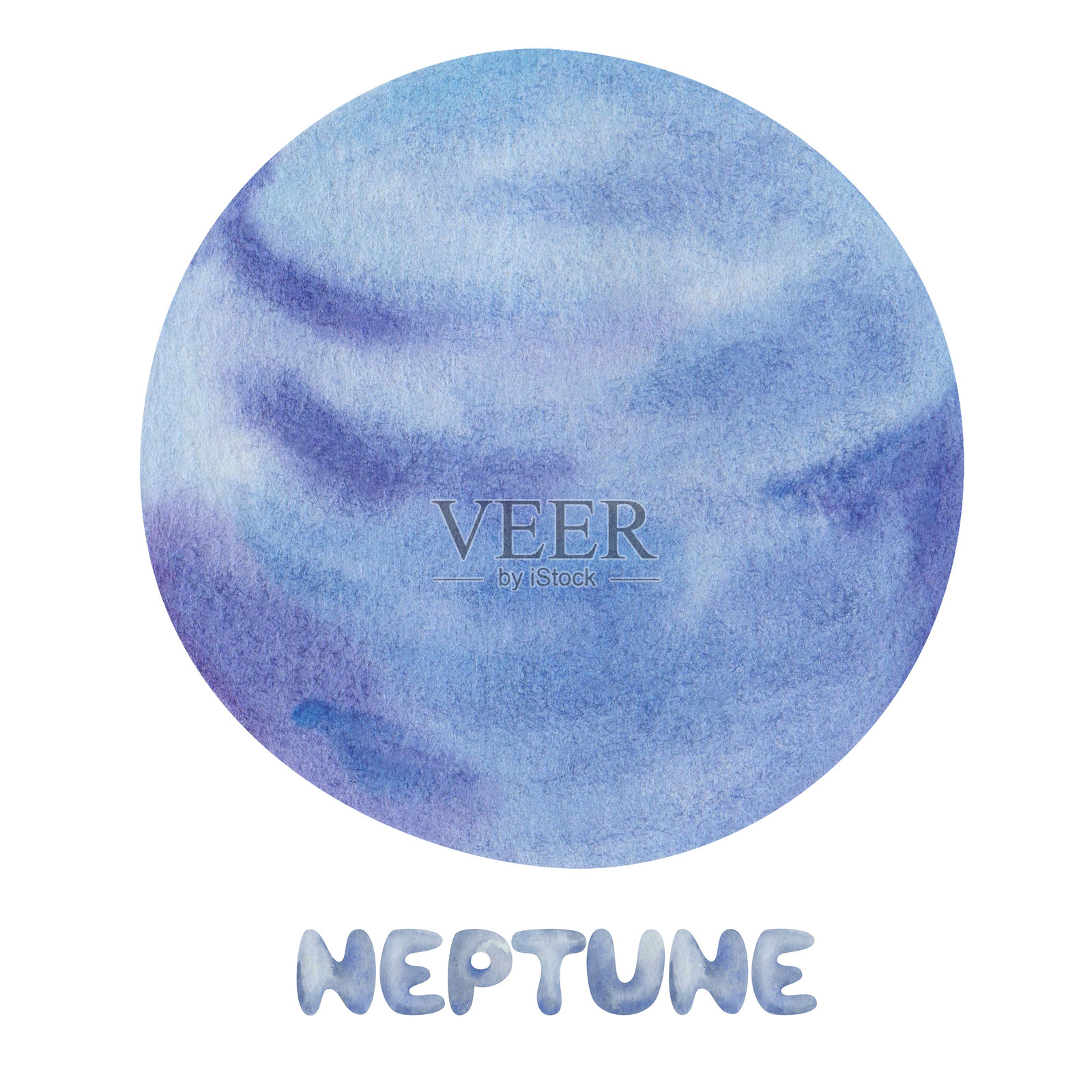 水彩插图。手绘的蓝色和紫色的太阳系行星海王星，带有名称。太空与外层空间。外星物体。世界太空周。国家太空日。插画图片素材