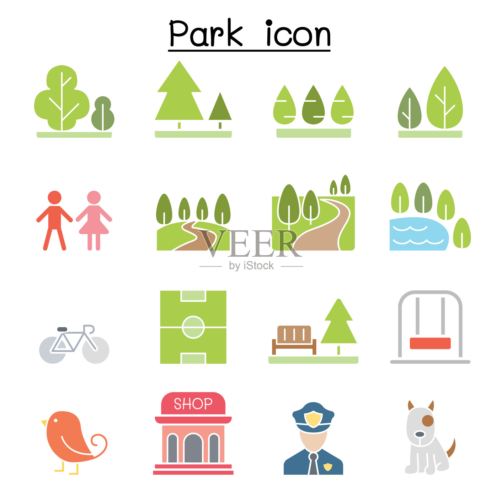 公园图标集，扁平色彩风格插画图片素材