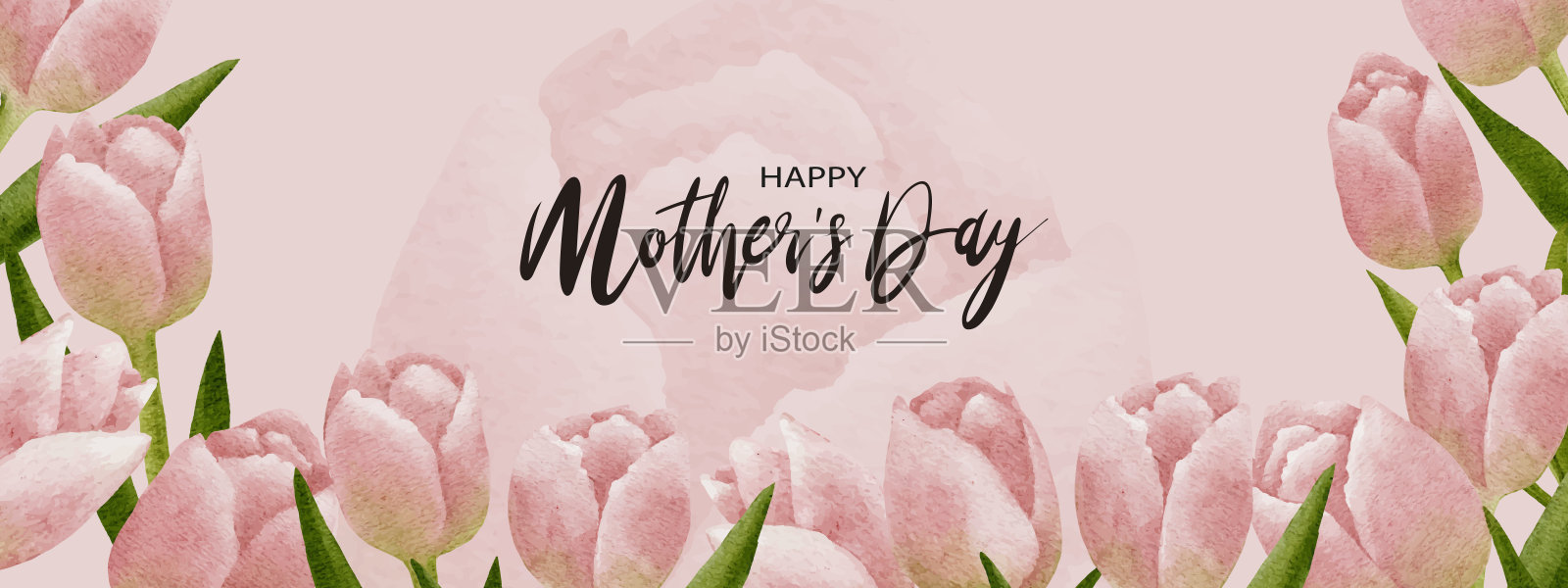母亲节贺卡，粉色郁金香水彩边框，白色背景，横向插图，可爱的春季花卉框架，平面设计的美丽植物横幅插画图片素材