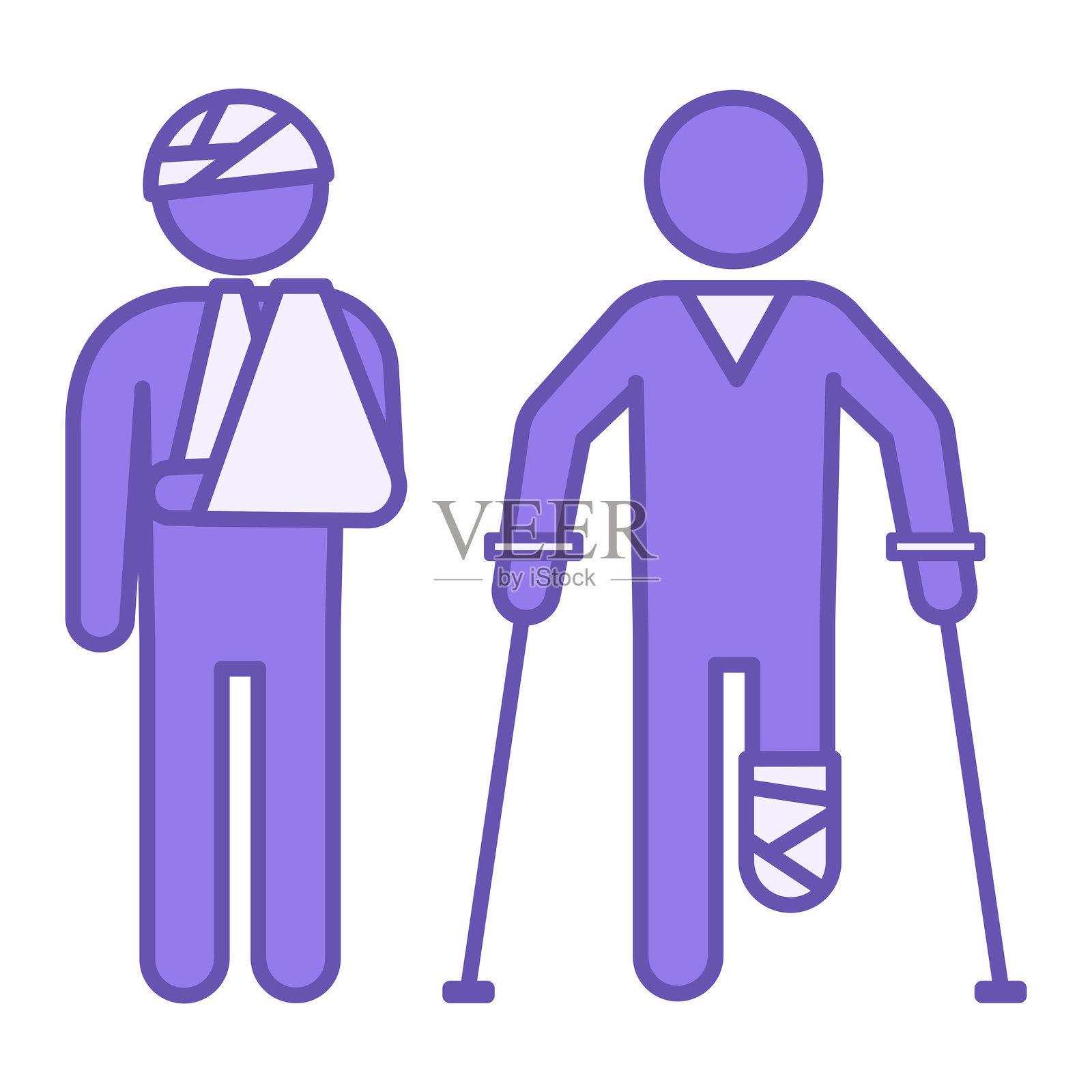 彩色受伤图标。矢量插图。手臂骨折和头部包扎的男子。拄着拐杖的腿部受伤男子。健身和运动概念插画图片素材