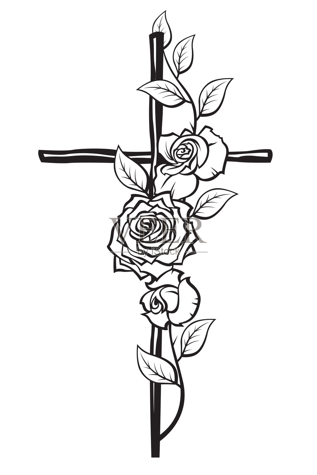 基督教十字架与玫瑰插画图片素材