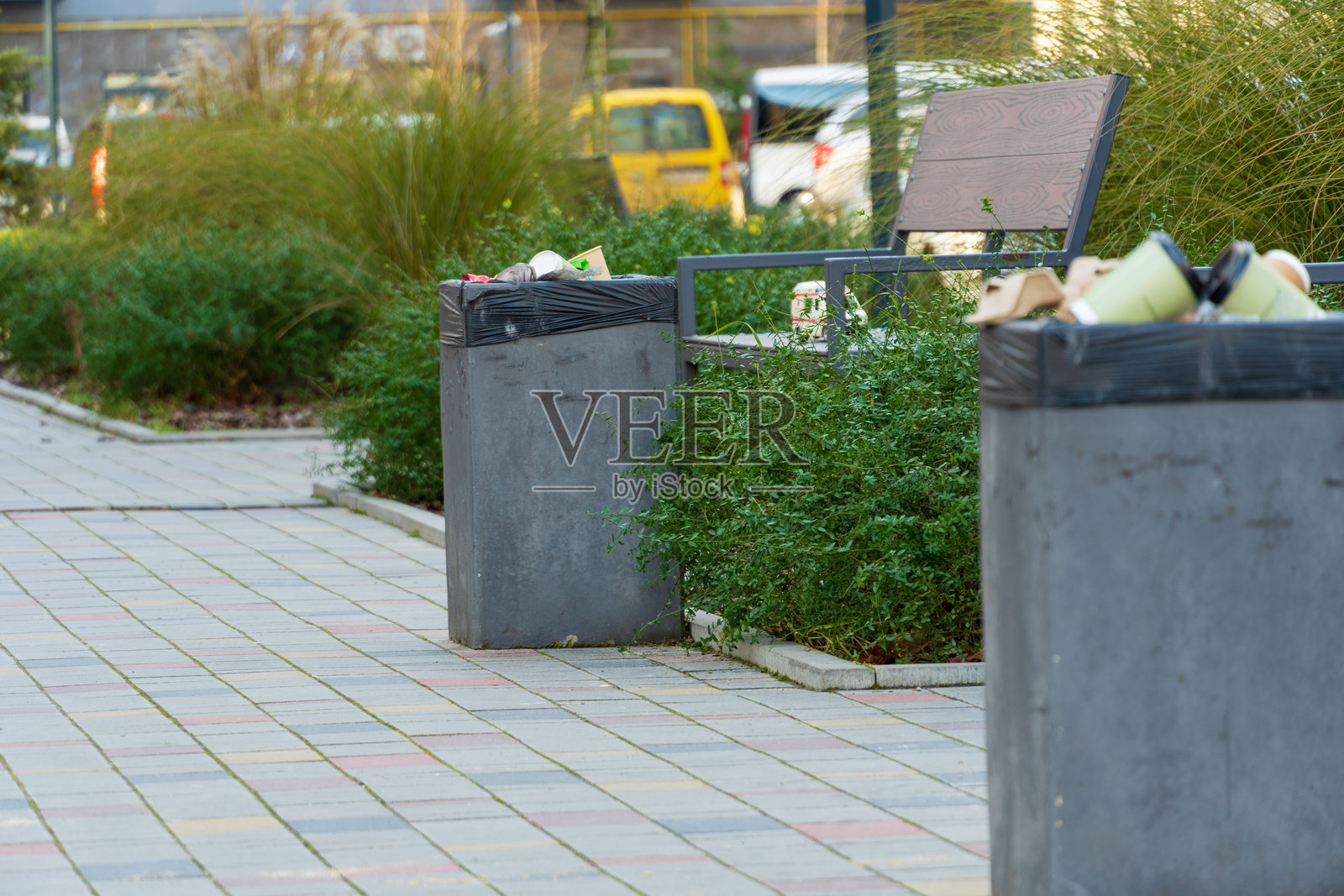 公园长椅旁边有满是垃圾的垃圾桶，周围是绿树和铺砌的石头，位于繁忙的城市环境中。照片摄影图片