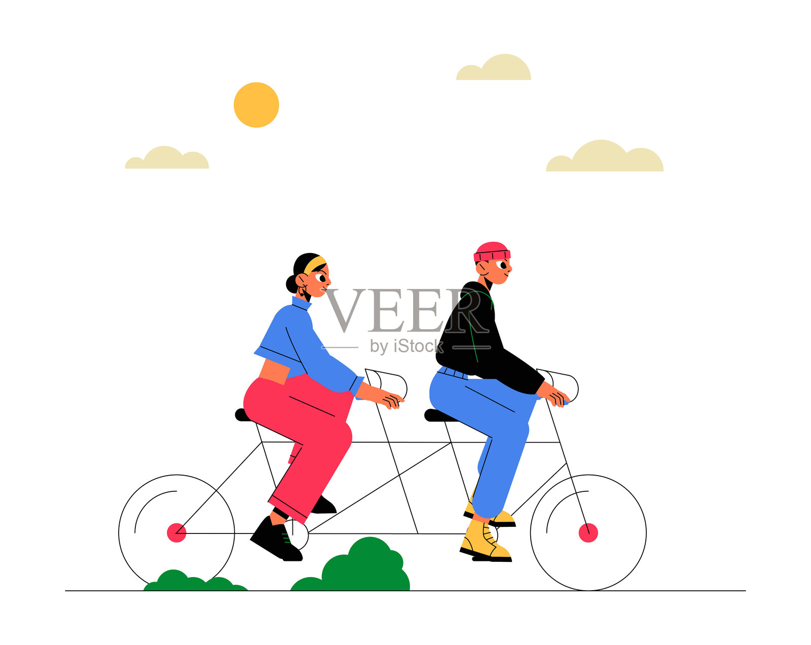 情侣骑着双人自行车的平面矢量插图，象征着户外活动、休闲和健康生活方式，背景为白色。插画图片素材