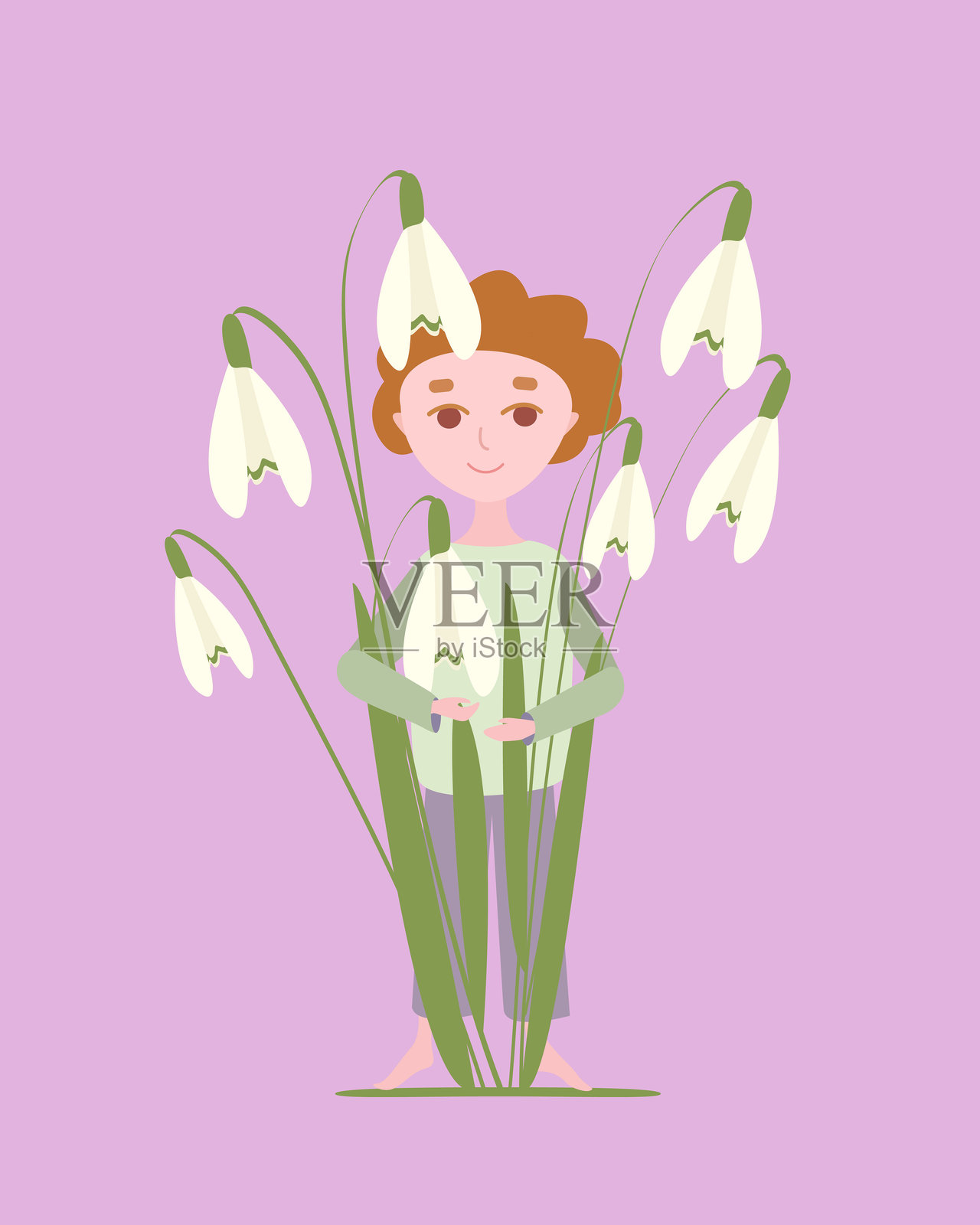 可爱的小男孩有着红色的头发，手里拿着一束雪花莲，背景是粉色的。卡通风格的矢量插图。插画图片素材