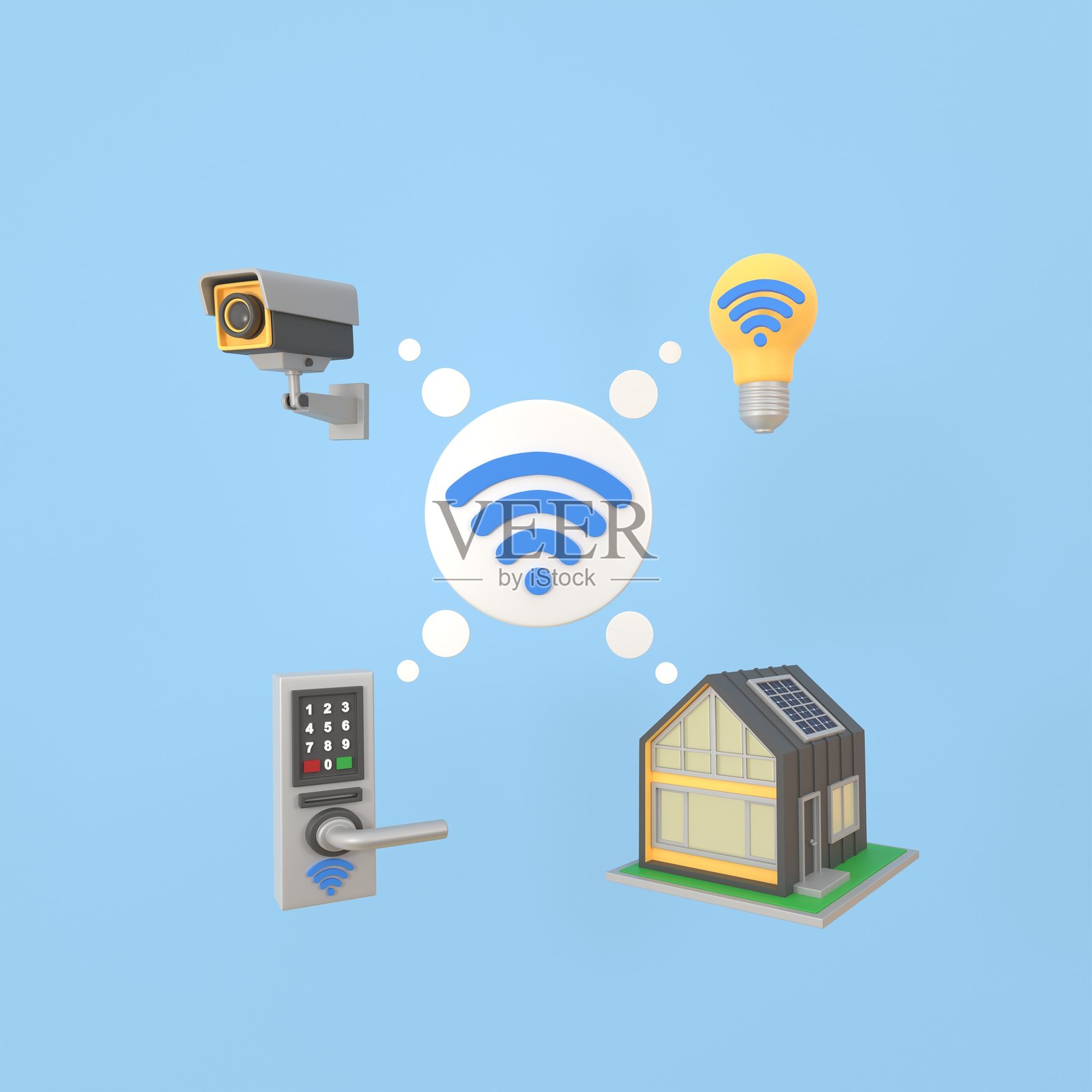 一组用于通过Wi-Fi信号控制家中技术设备的3D图标。照片摄影图片