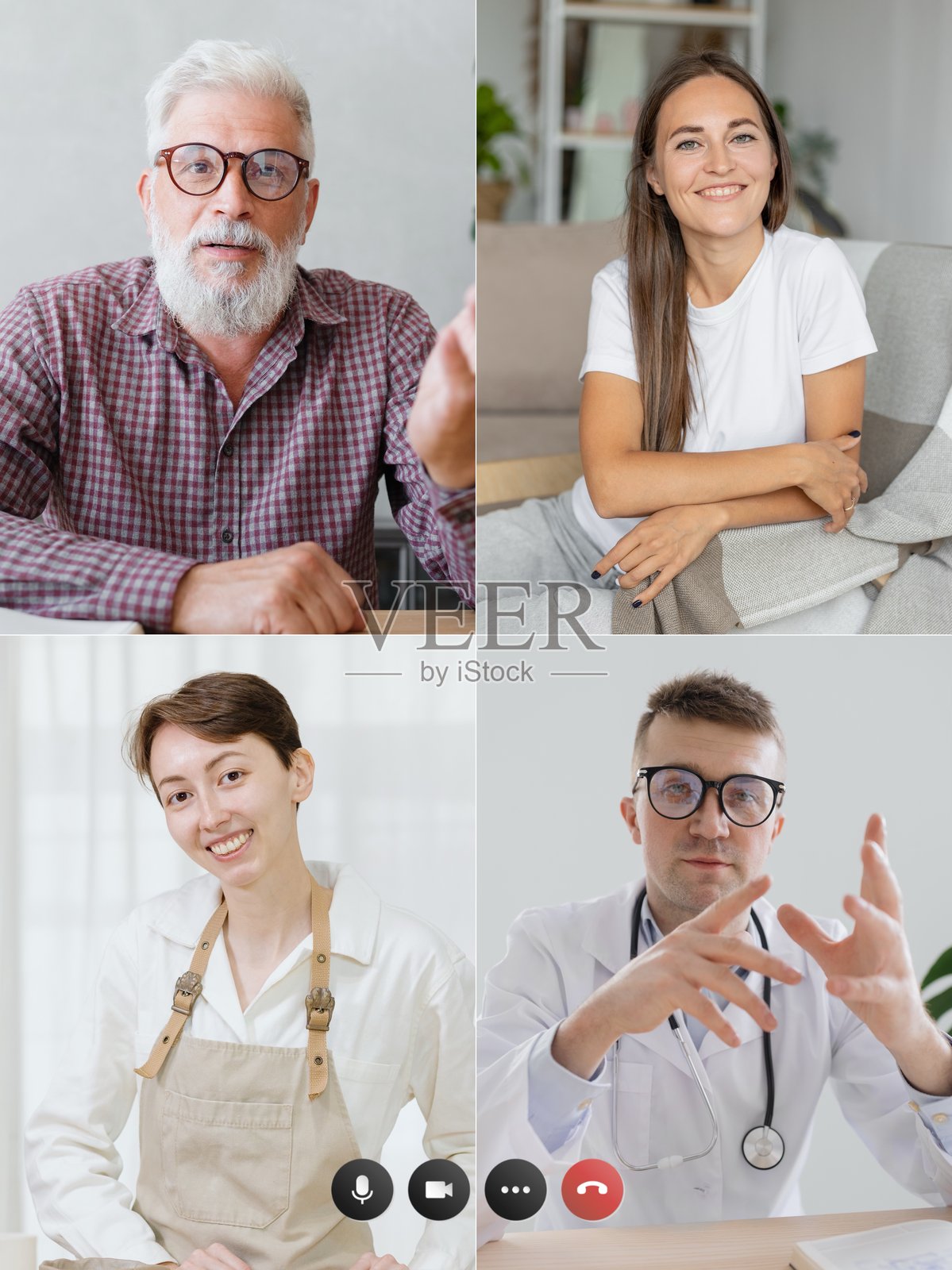 智能手机或笔记本电脑屏幕上的视频聊天。四人视频通话与医生，会议通话。照片摄影图片