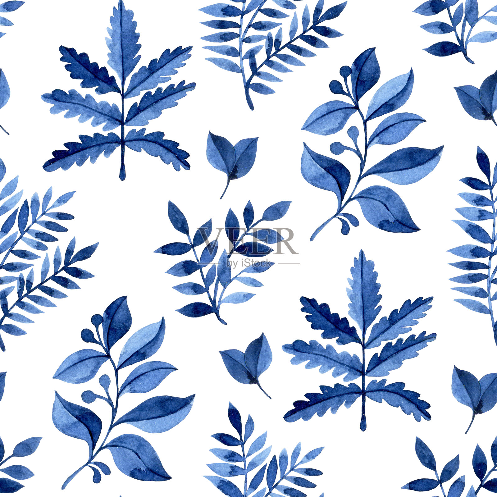 水彩蓝色叶子和草本植物的无缝图案。经典印花插画图片素材