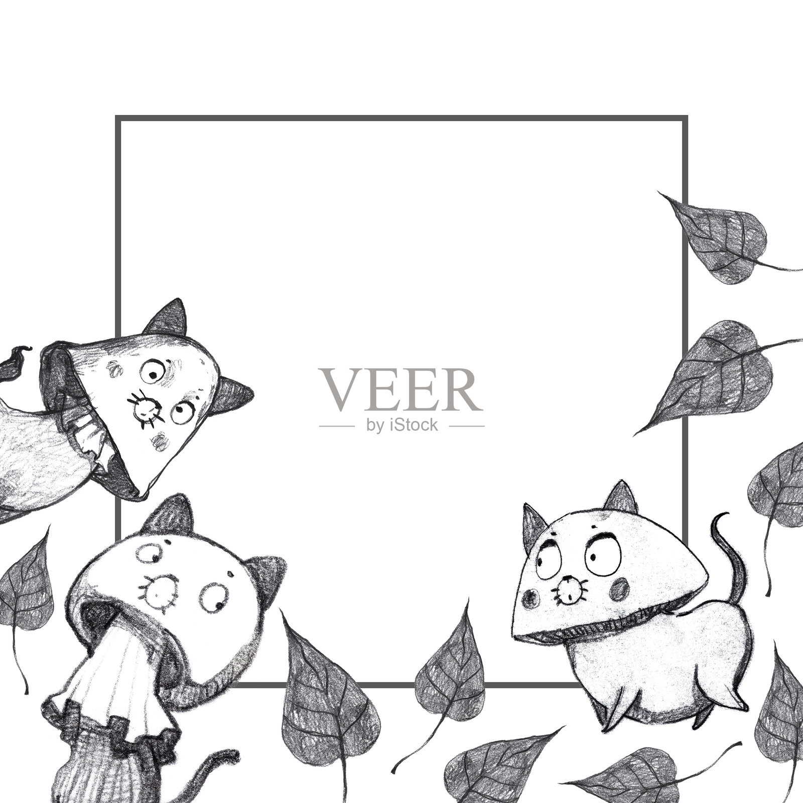 可爱搞笑的猫咪以蘑菇的形态呈现的素描风格画框插画图片素材