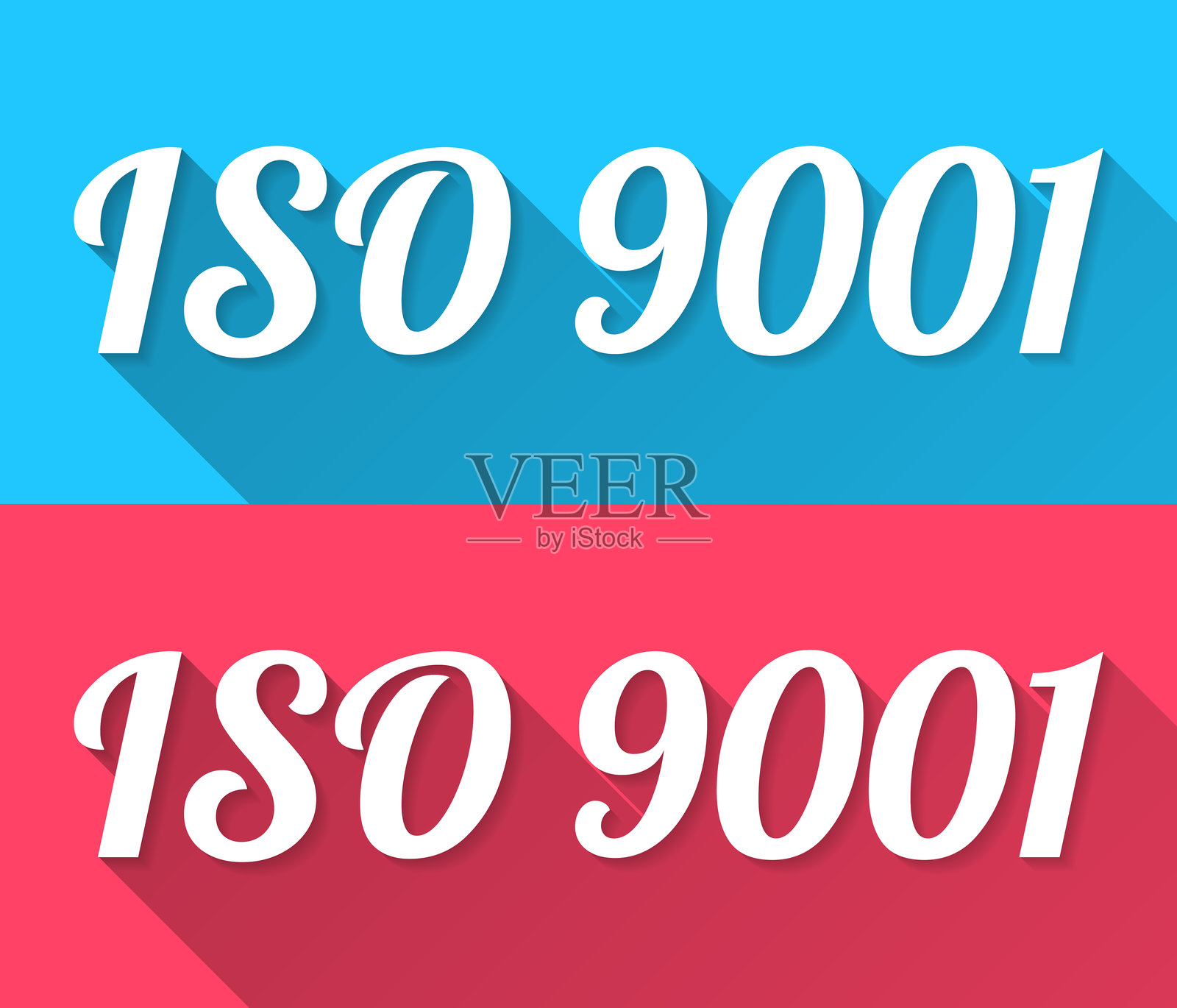 ISO 9001 - 扁平设计，带长阴影的蓝色和红色背景插画图片素材