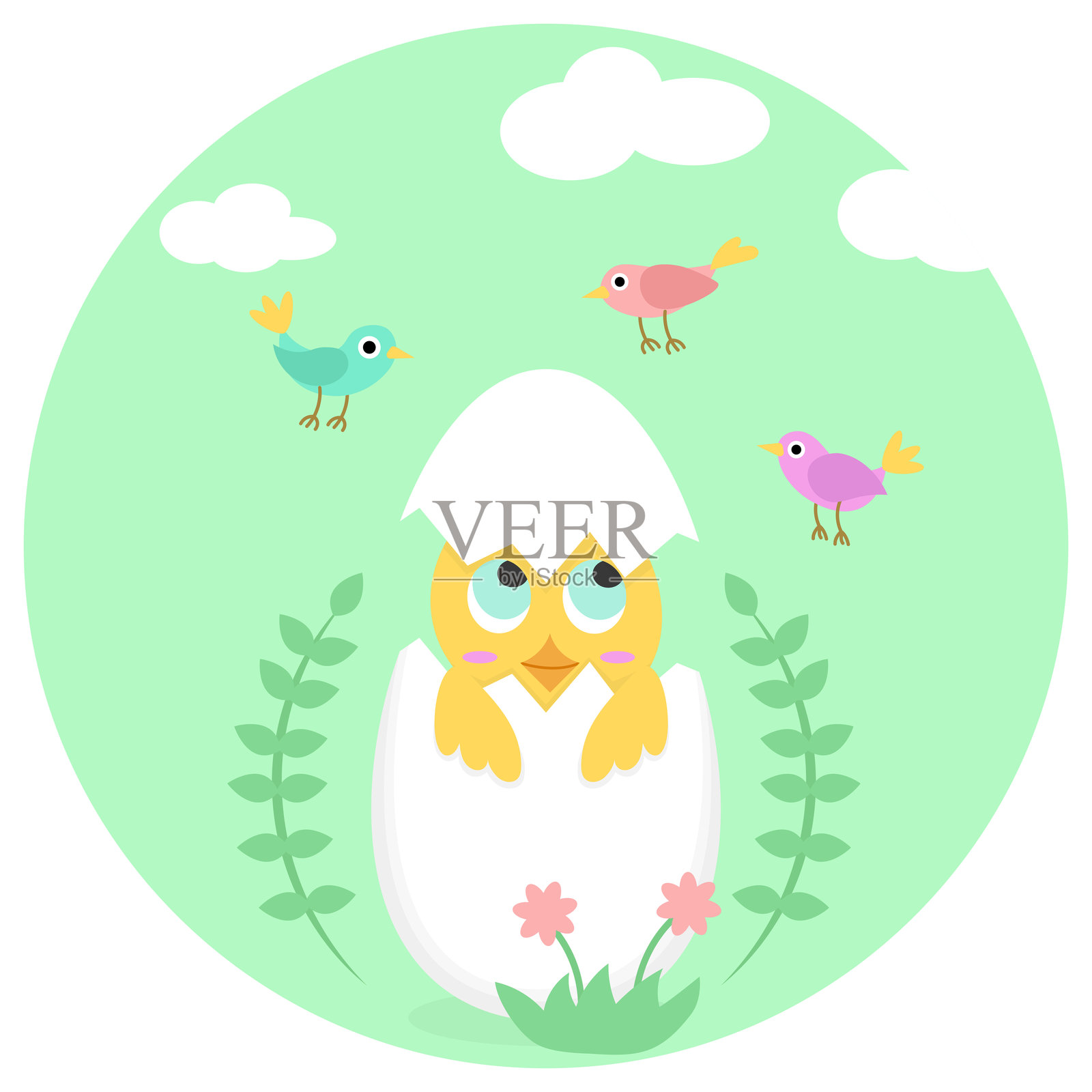 可爱的小黄鸡在蛋壳里跑。搞笑的复活节象征或贺卡、节日海报的模板，带有小鸟元素。插画图片素材