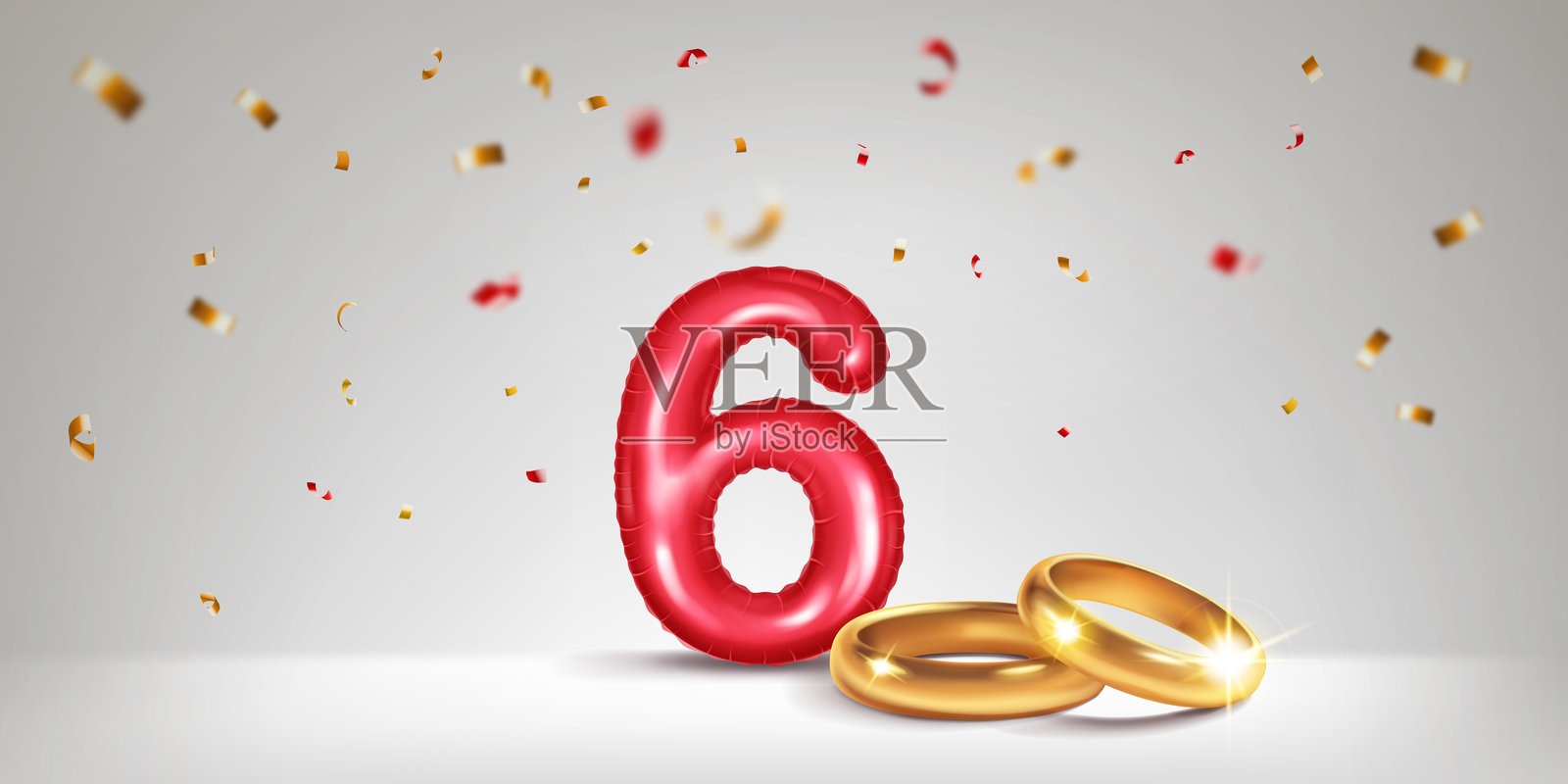 红色数字6、金色婚戒和五彩纸屑。插画图片素材
