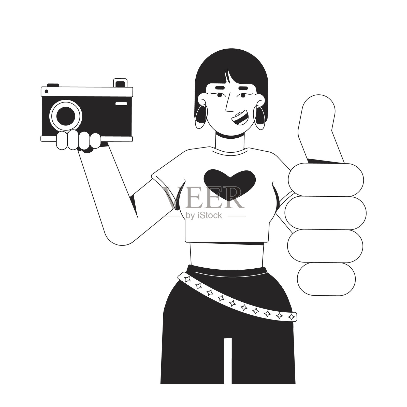 时尚的亚洲Y2K女孩手持复古相机并做出竖起大拇指的手势，黑白2D线条角色插画图片素材