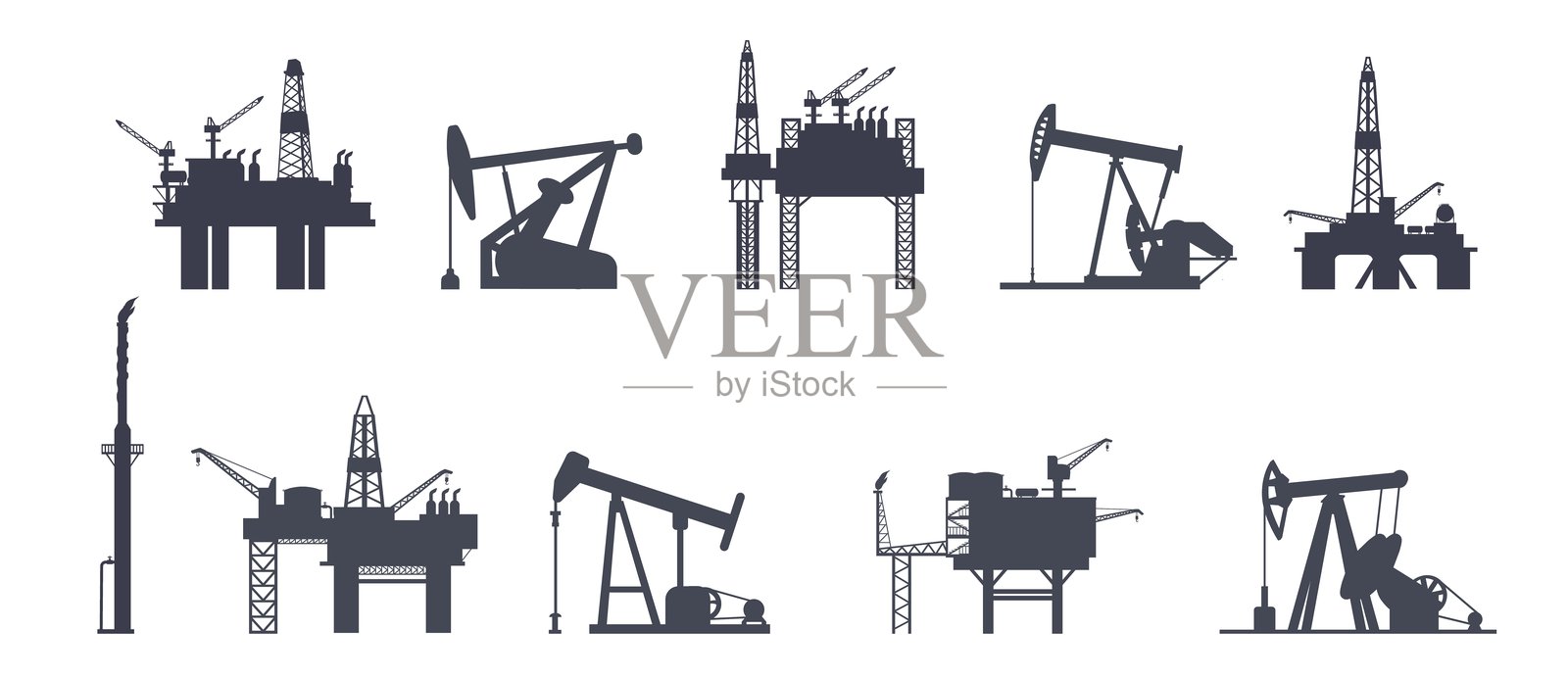 石油平台剪影。石油钻井海上平台，天然气燃料行业标志，抽油机塔井提取原油勘探钻井施工整洁矢量插图。插画图片素材