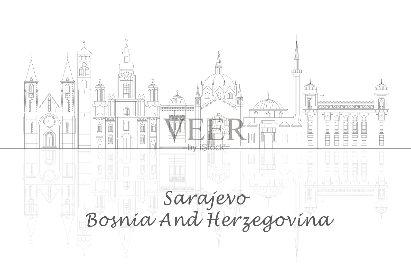 波斯尼亚和黑塞哥维那萨拉热窝的城市天际线全景插画图片素材