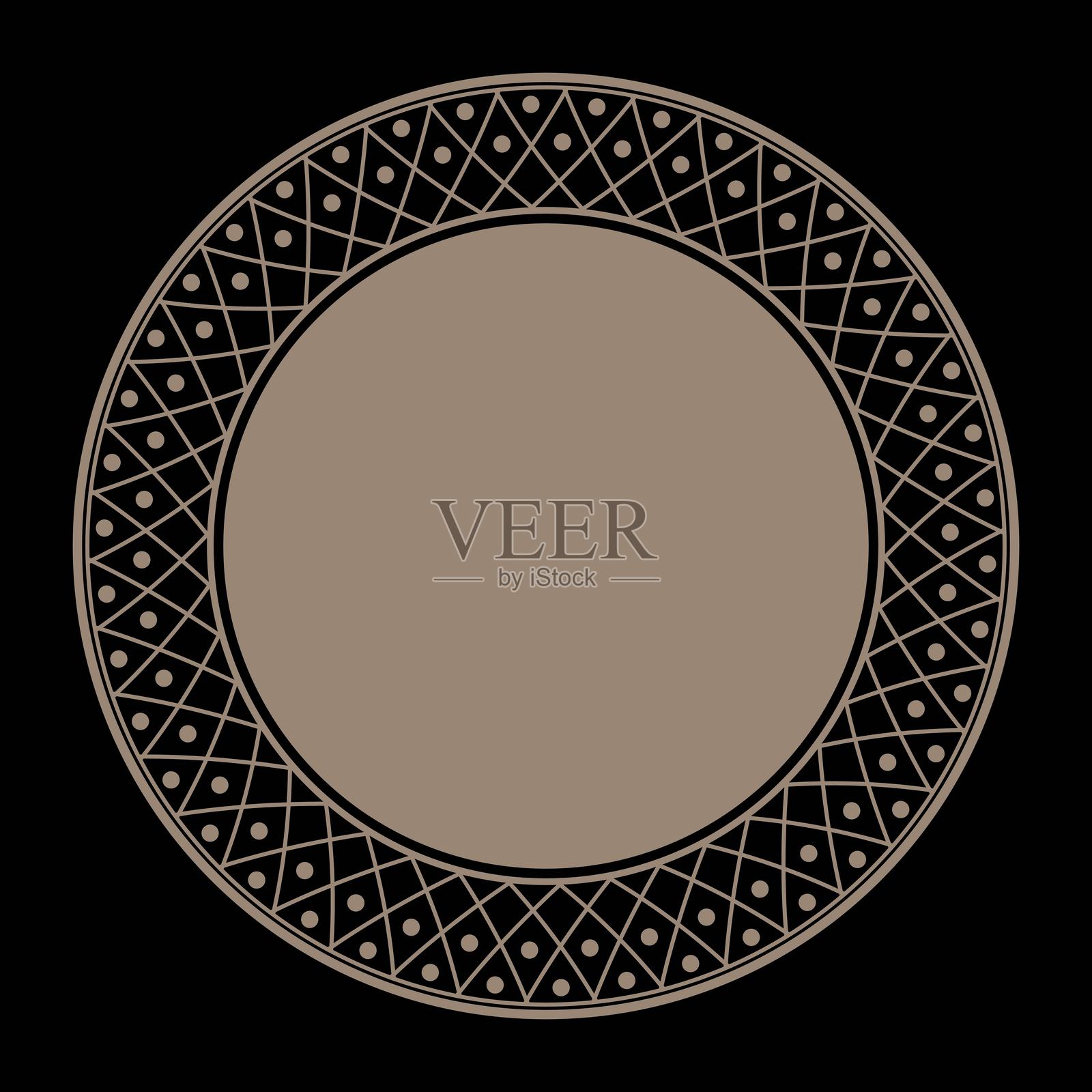 蕾丝金色圆框。抽象金色圆框。带有抽象几何图案设计的金色板。适用于圆形表面，激光切割，雕刻，瓷器，纺织，刺绣，喷砂。EPS插画图片素材