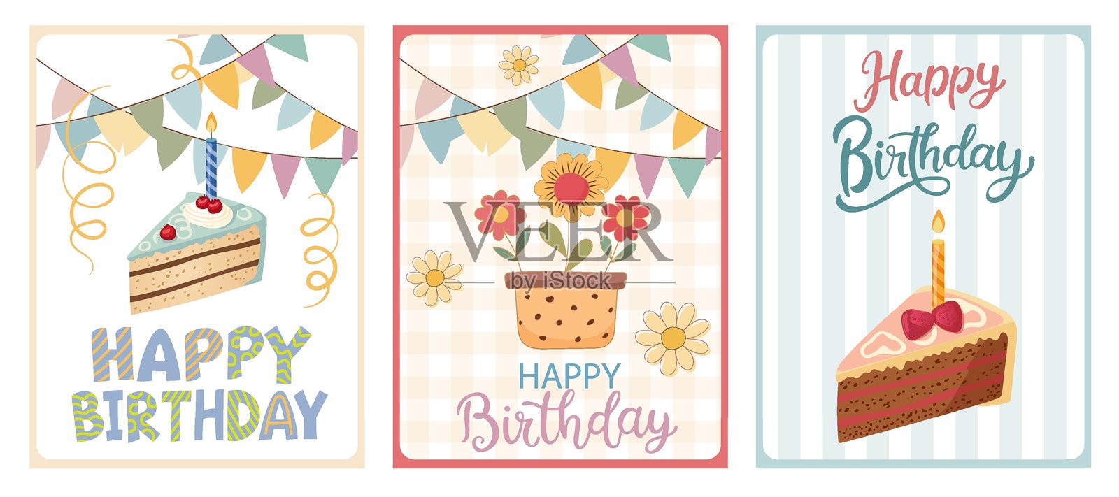 三张生日贺卡的套装。矢量插图，背景为白色。插画图片素材