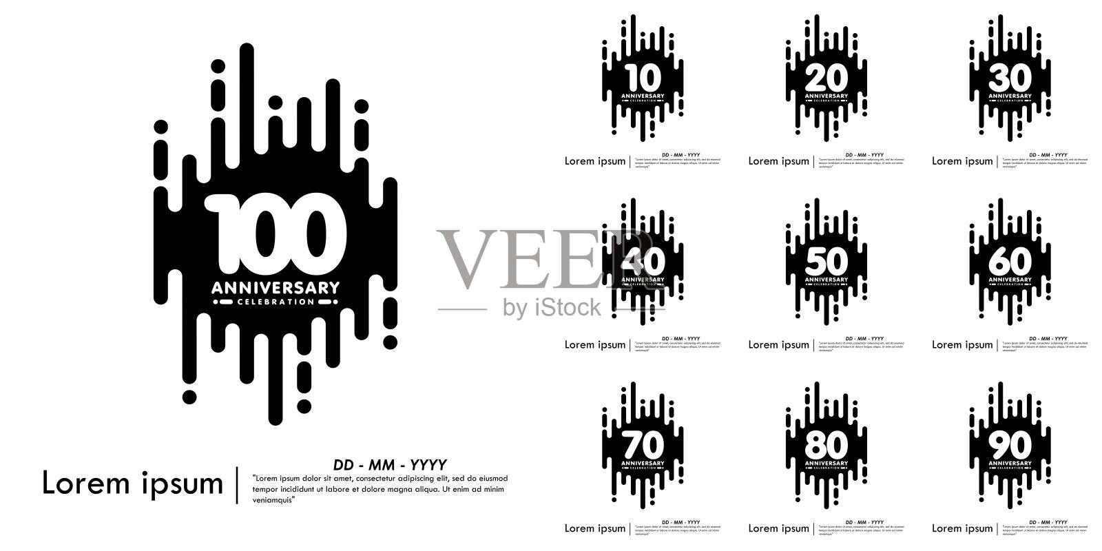 10-100周年庆典徽章套装。黑色周年纪念标志，带有垂直圆角线条的几何形状，背景为白色。适用于网页、传单、海报、贺卡的矢量插图设计模板。插画图片素材