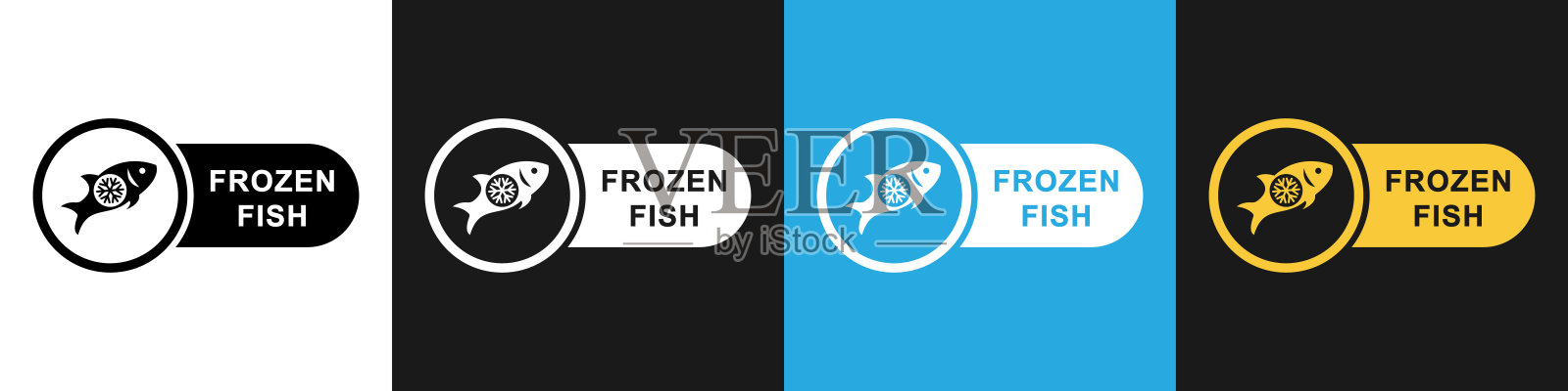 冷冻鱼食品包装矢量图标。不同背景。插画图片素材