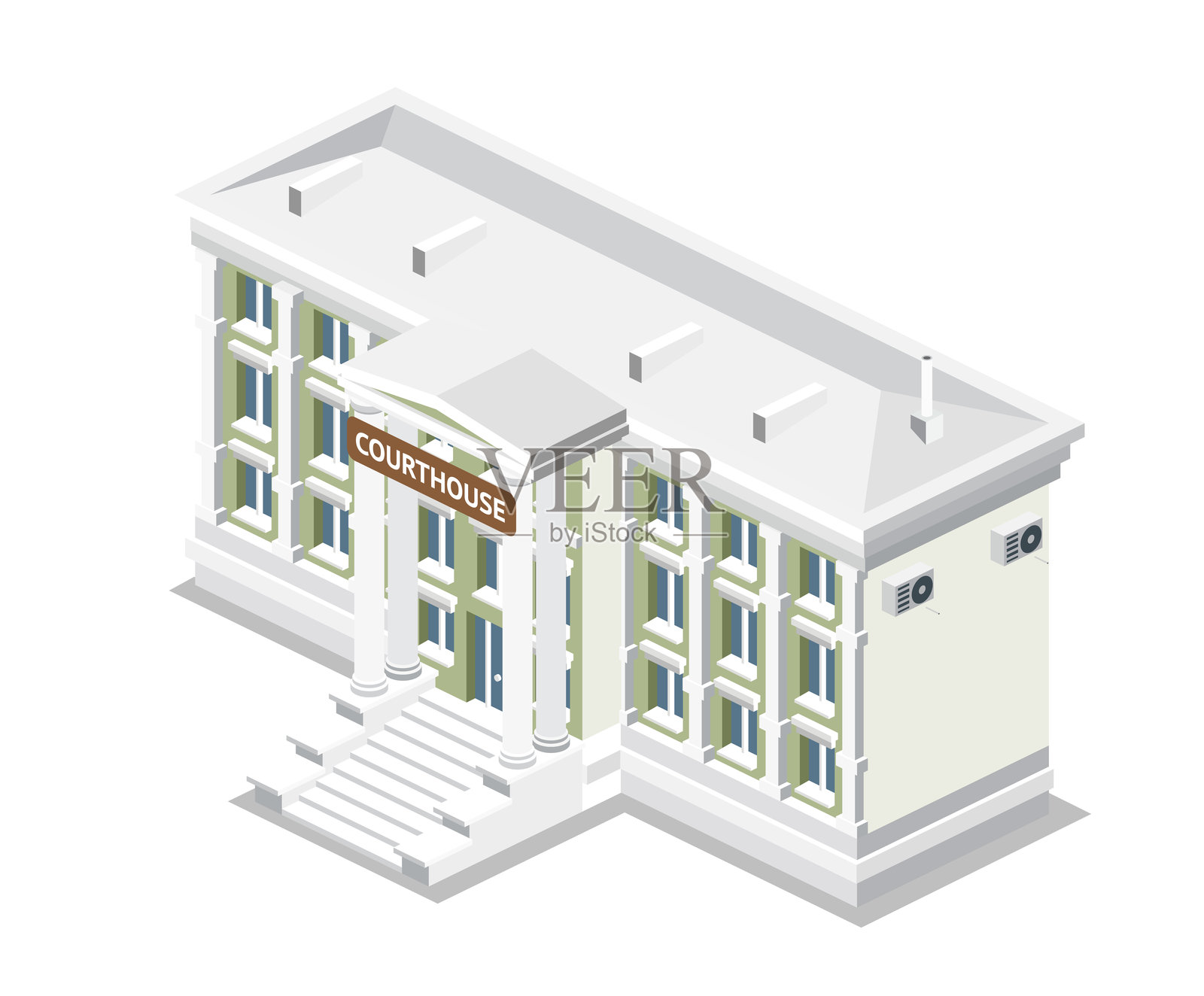 法院建筑的等轴测视图，孤立在白色背景上。公共建筑，拥有高大的柱子。法律与正义的概念。插画图片素材