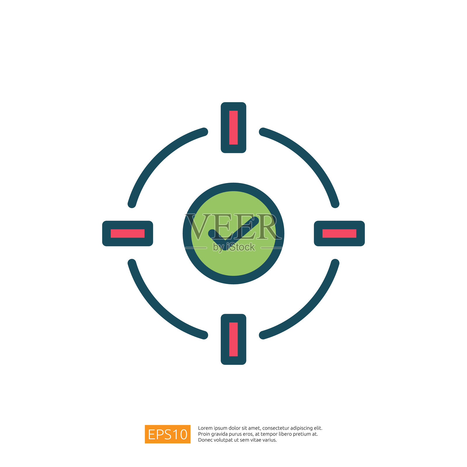 一个绿色的勾号在圆形靶心设计中，象征着准确性、完成或专注。它传达了一种成就感或验证感。扁平线条风格图标插画图片素材