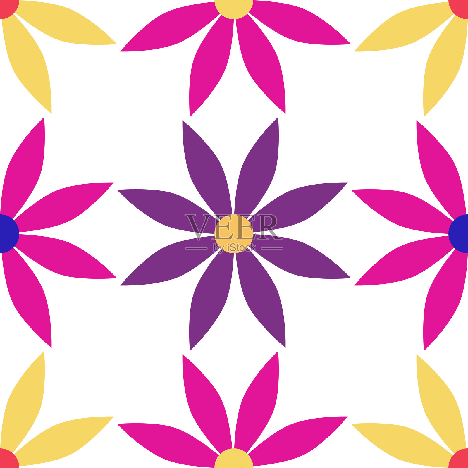 生动多彩的花卉无缝图案，几何花朵。适合纺织印刷或包装纸使用。插画图片素材