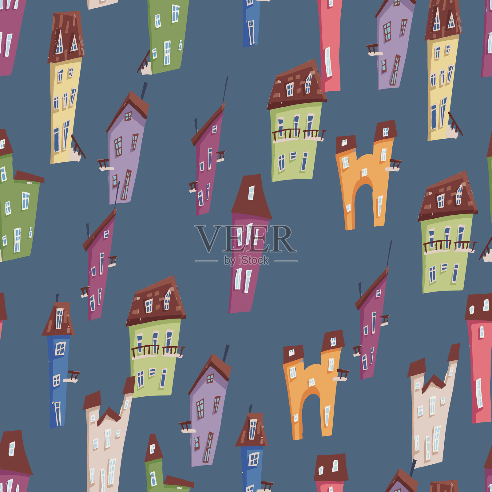 卡通风格的彩色房屋无缝图案插画图片素材