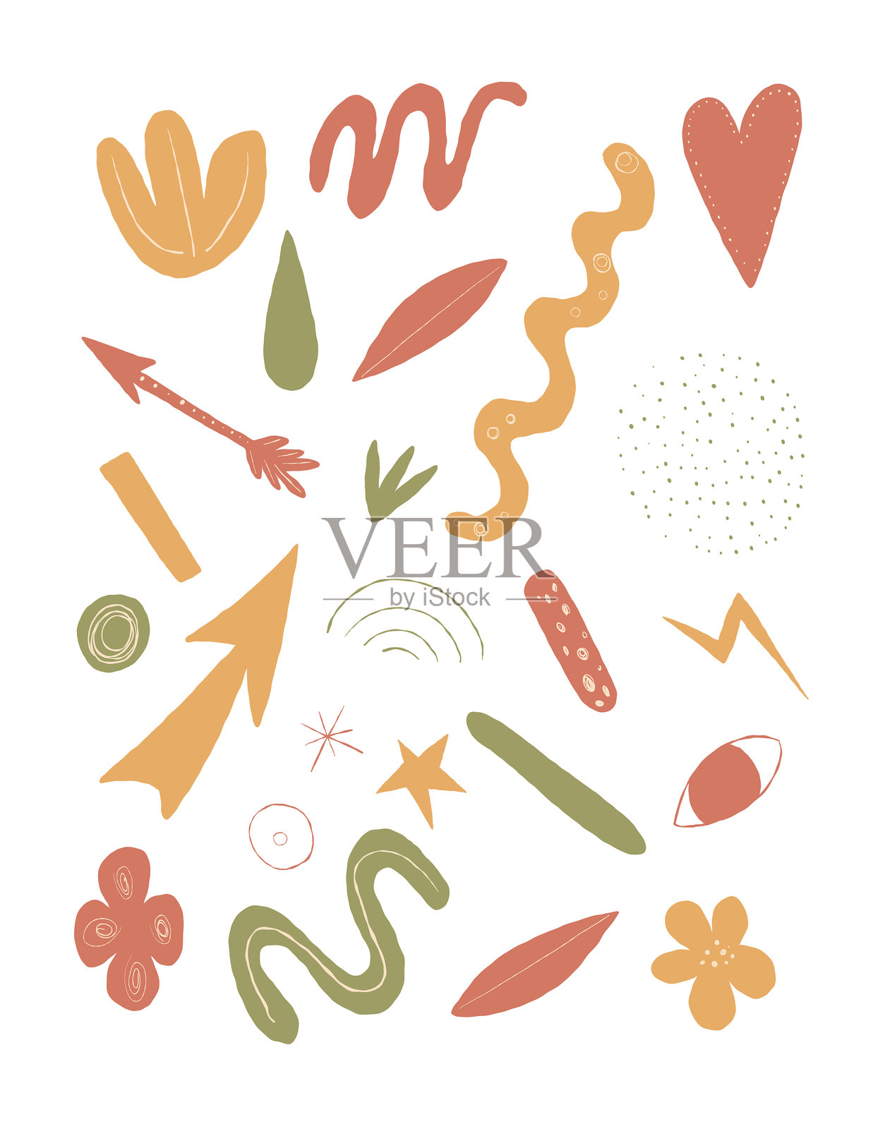 现代抽象矢量剪贴画，包含手绘涂鸦、有机形状和几何元素，色调为自然色。非常适合品牌推广、海报、贴纸、印刷品和创意设计项目。插画图片素材