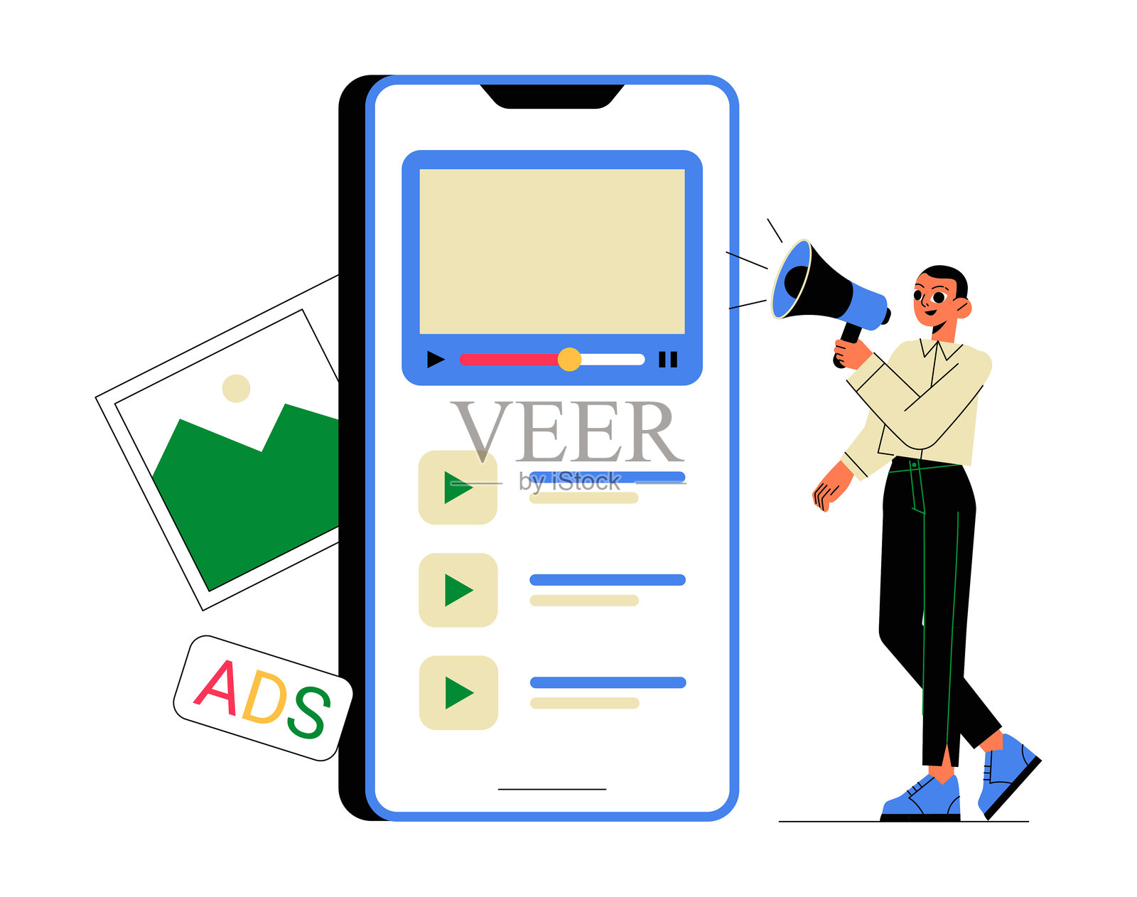 数字营销专家在智能手机上推广在线广告，扁平化矢量插图象征广告活动、移动互动和品牌意识，背景为白色。插画图片素材