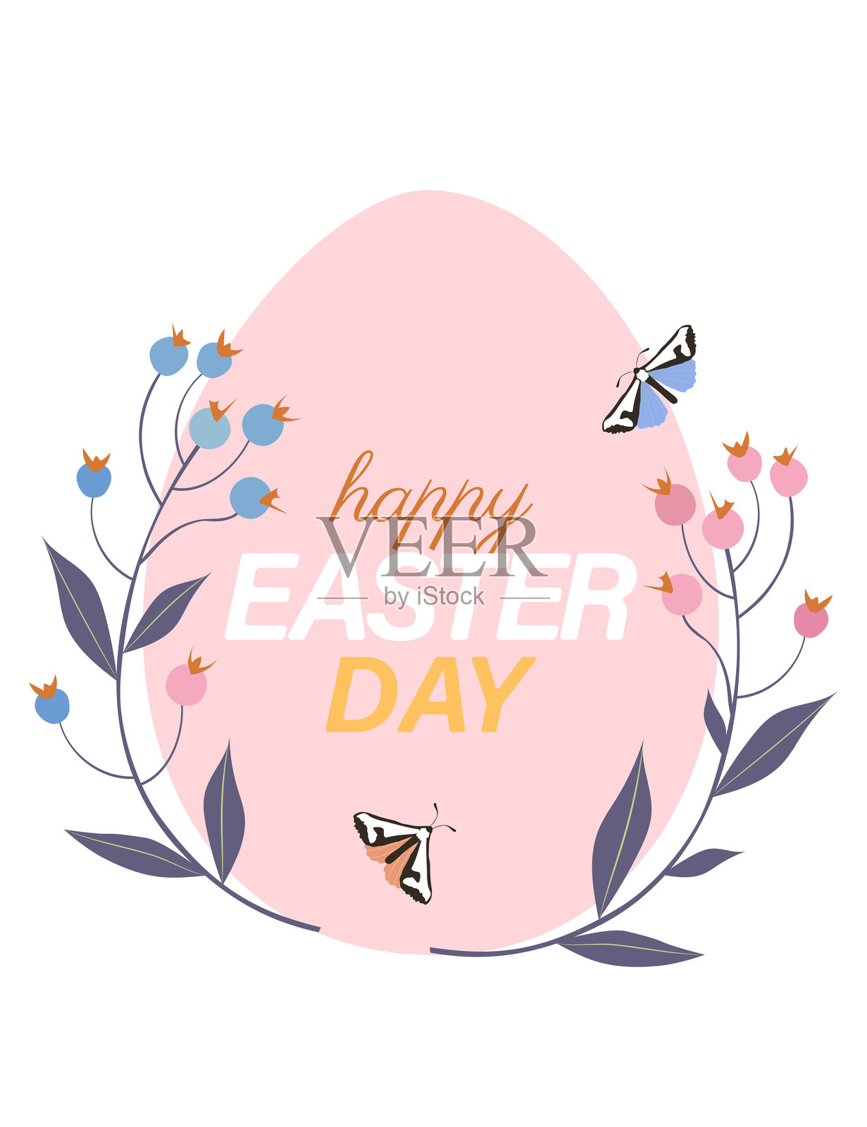 粉色复活节彩蛋，上面有植物和蝴蝶，背景为白色插画图片素材