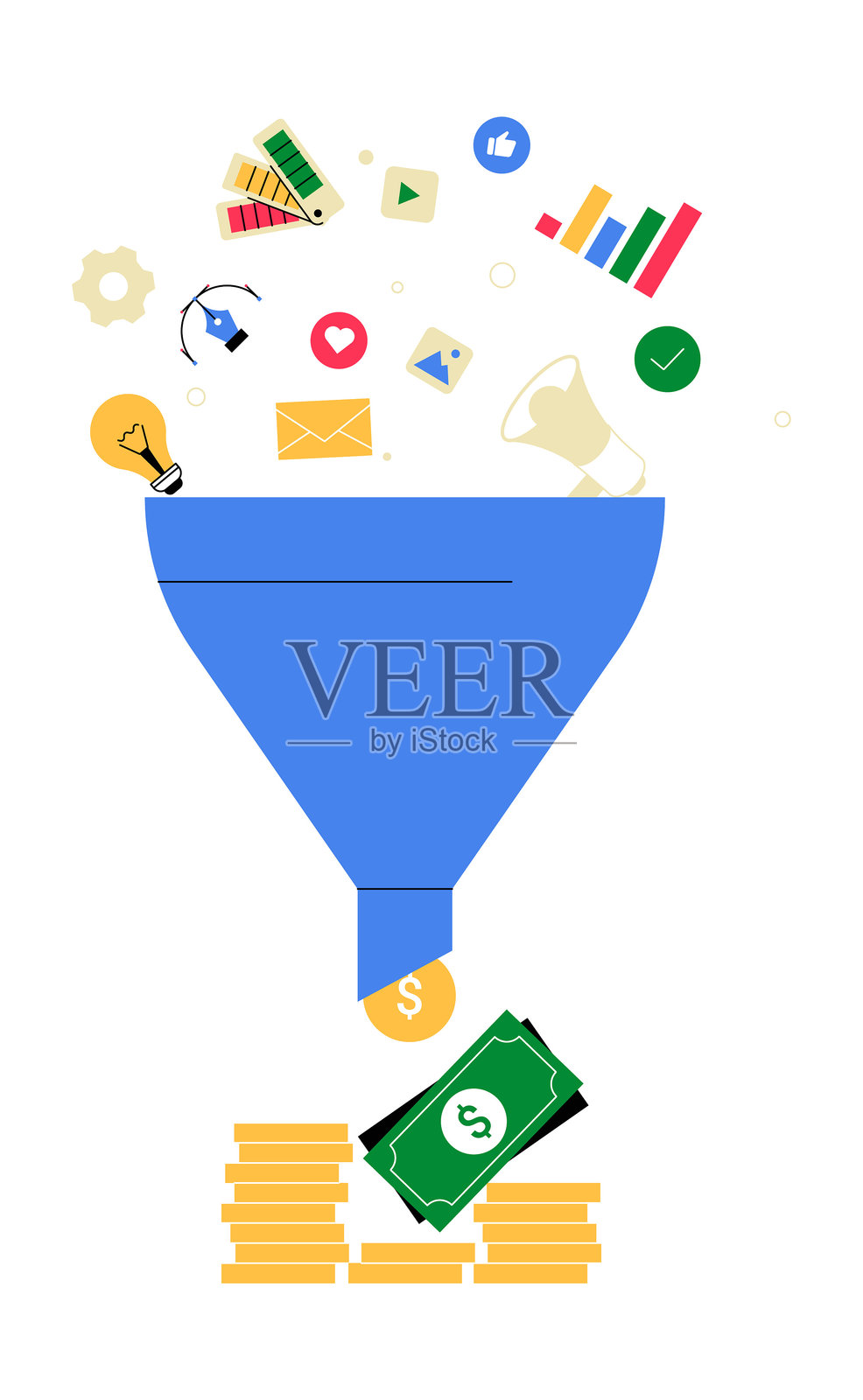 销售漏斗与市场营销元素的扁平矢量插图，象征数字营销、潜在客户生成和收入转化，背景为白色。插画图片素材