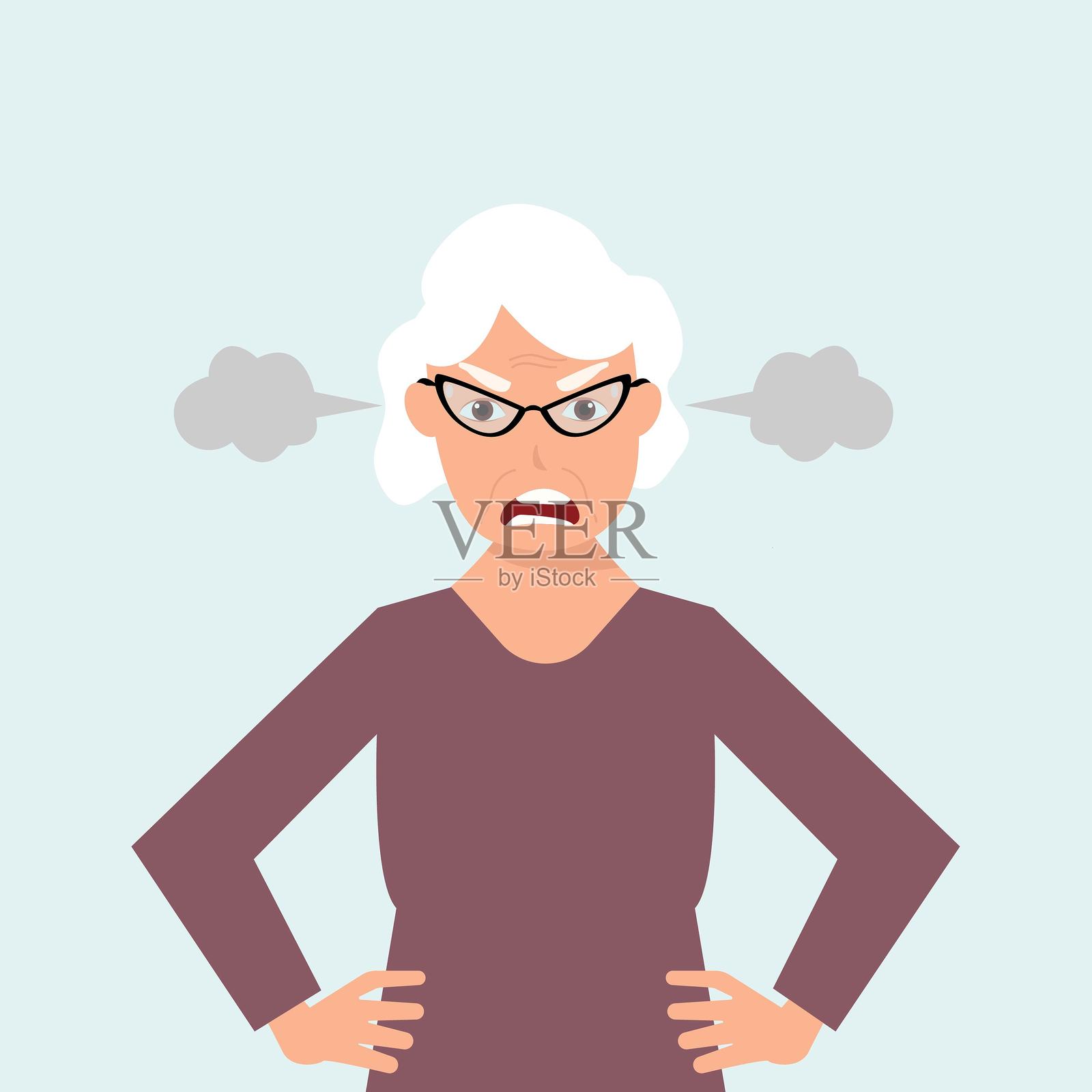 愤怒的老年女性大喊，耳朵冒出蒸汽。矢量插图。插画图片素材