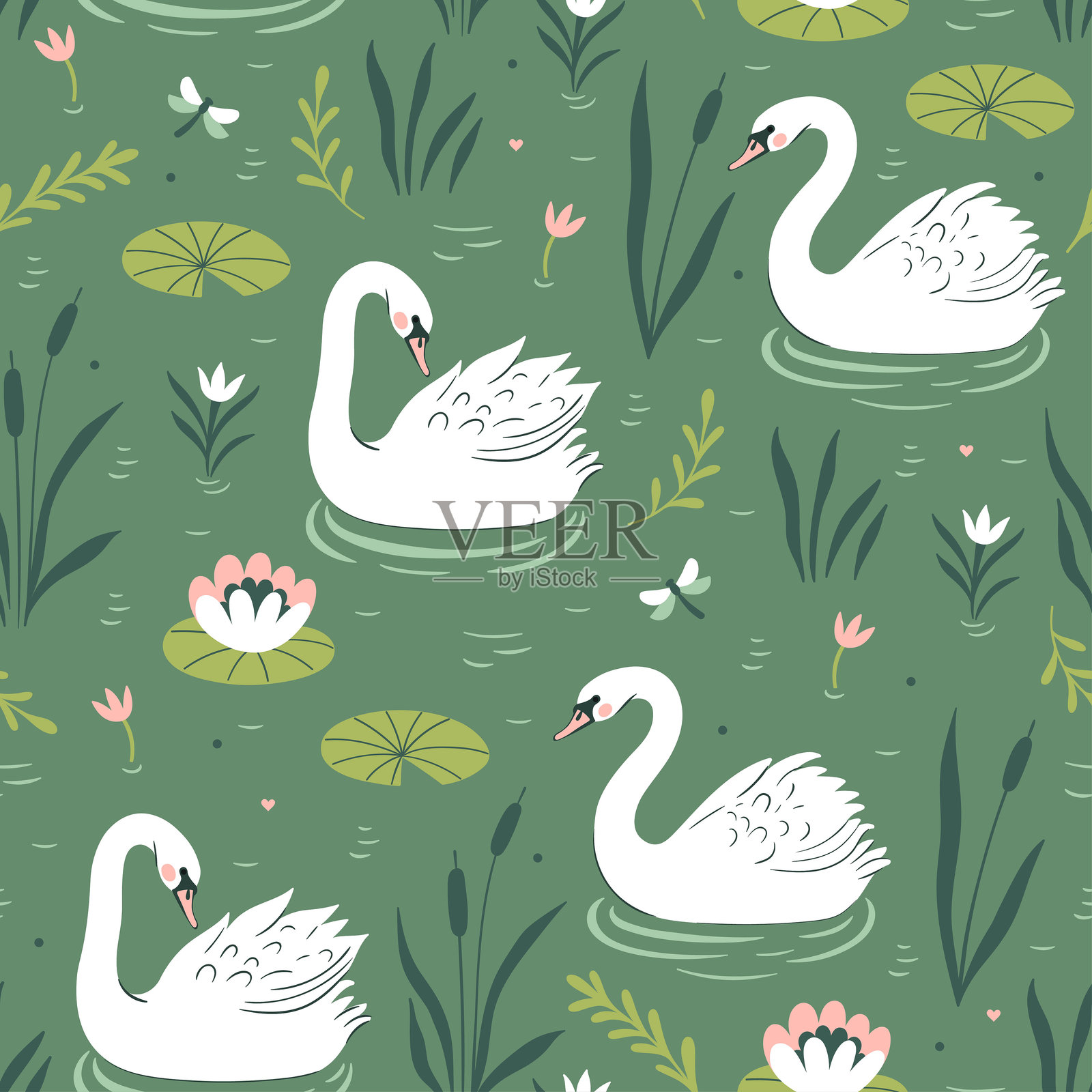 无缝图案，白天鹅在池塘上。矢量图形。插画图片素材