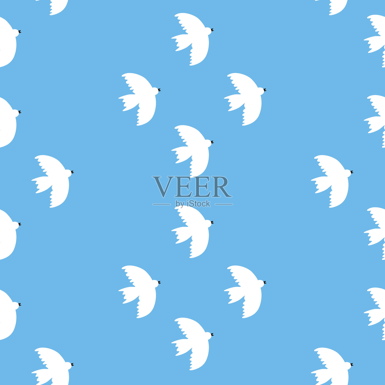 可爱的白色鸟类手绘矢量插图。适合儿童面料或墙纸的平面风格无缝图案中的可爱燕子。插画图片素材