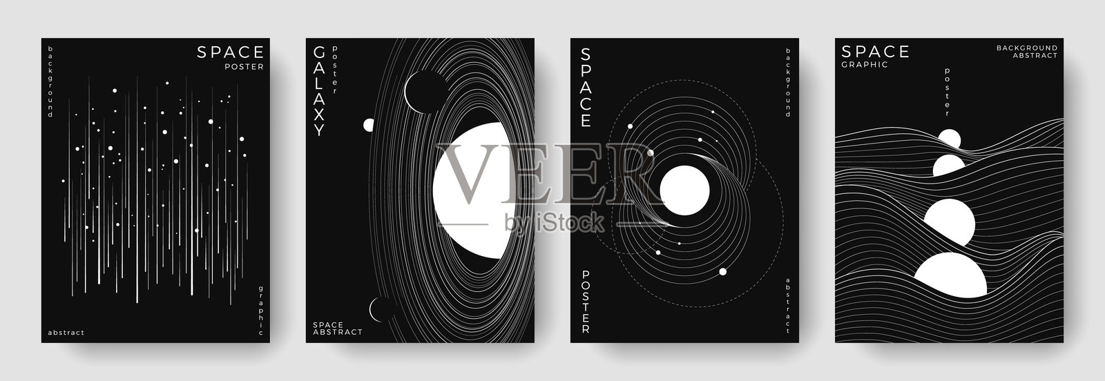一组抽象的太空天文学背景。线条艺术的银河、宇宙、行星、太阳系。黑白科学未来概念。适用于封面、海报、横幅、传单、宣传册的宇宙极简设计。插画图片素材