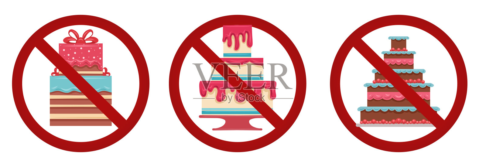 带有禁止标志的蛋糕矢量集合。过敏危险。无糖饮食。禁止标志中的甜点集合。插画图片素材