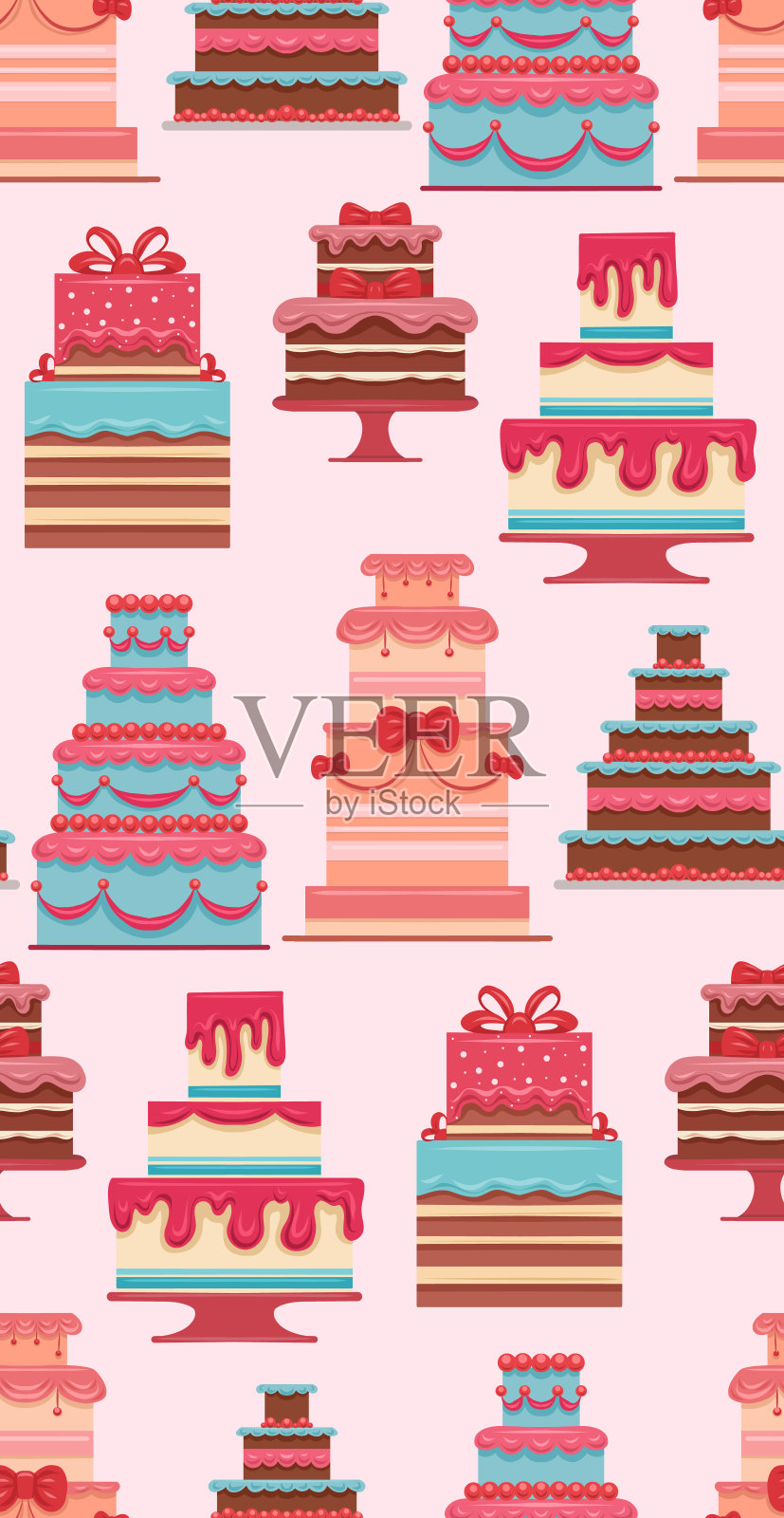无缝矢量图案，粉色背景上的生日蛋糕。节日气氛的美食纹理。背景中有婚礼蛋糕。插画图片素材