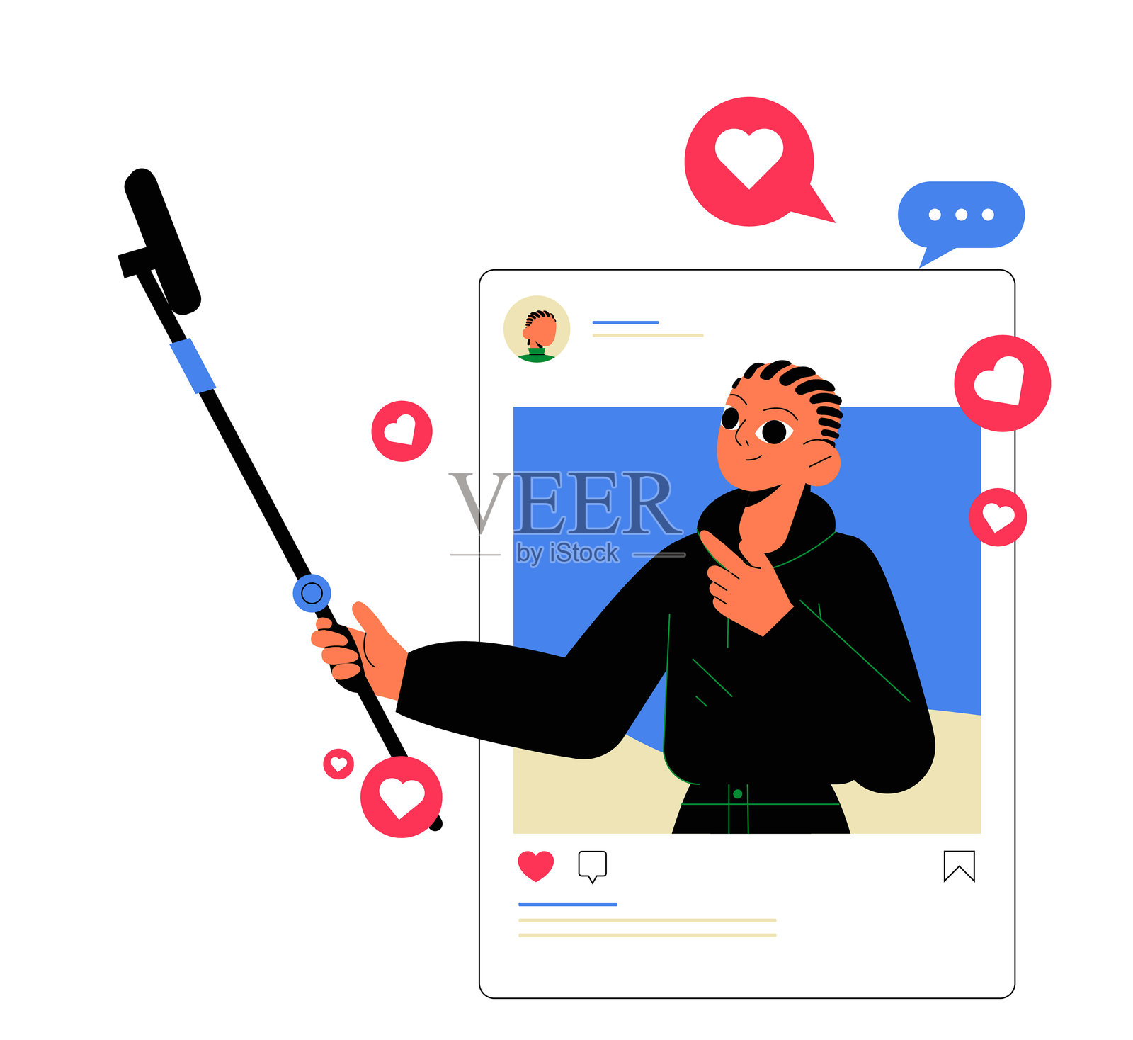 男性网红用智能手机自拍，周围有社交媒体互动图标，扁平化插图展示在线名声、内容创作和数字影响力，背景为白色。插画图片素材