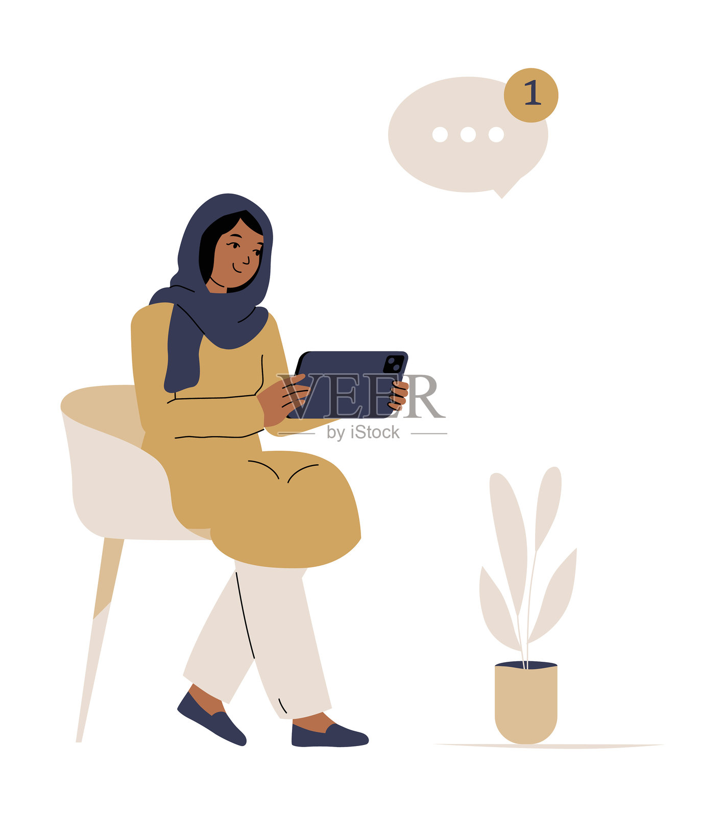 坐在椅子上的穆斯林女性使用平板电脑，象征数字通信、社交媒体和在线消息，背景为白色。插画图片素材