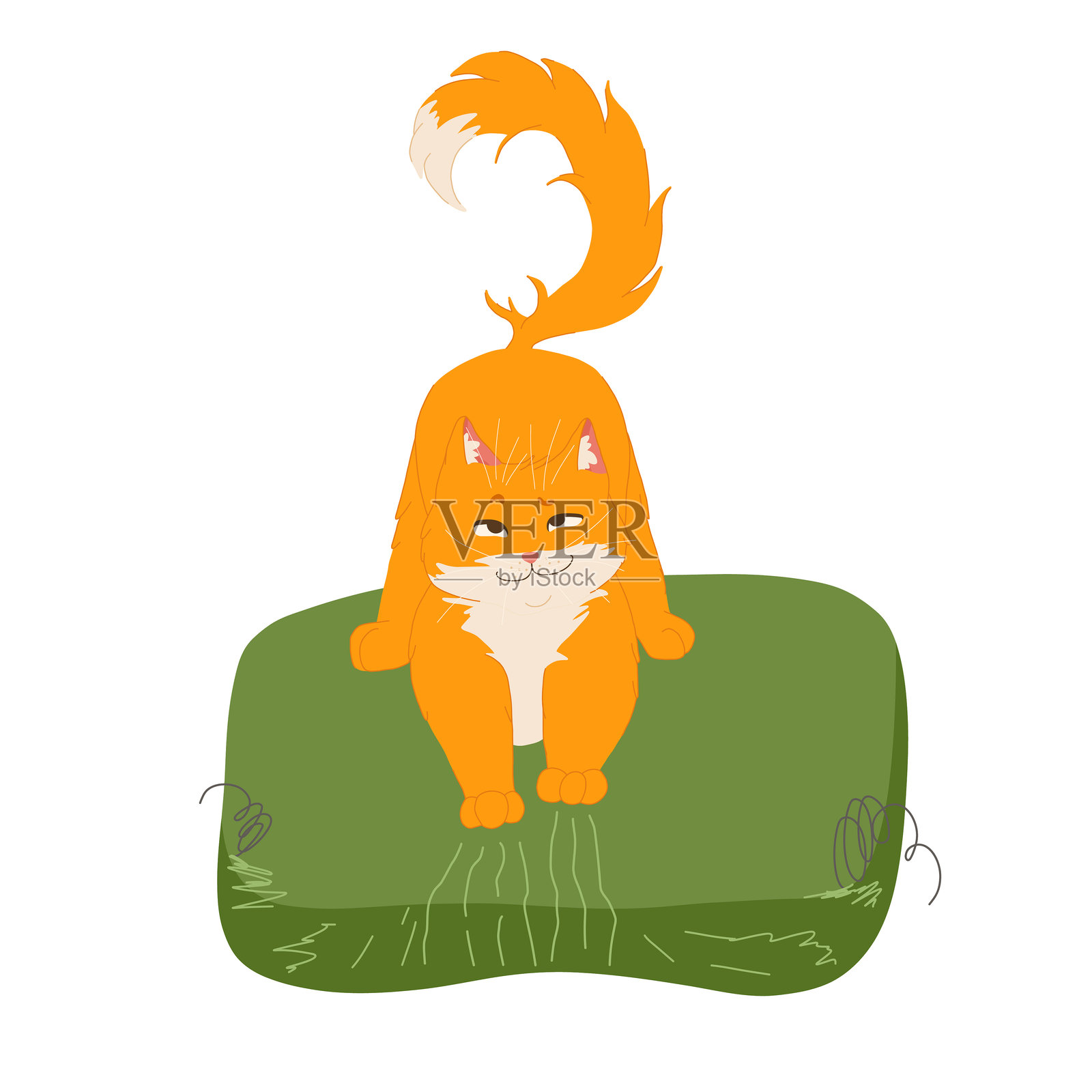 手绘矢量插图，描绘了一只可爱的猫咪角色。调皮的姜黄色猫咪正在破坏沙发。插画图片素材